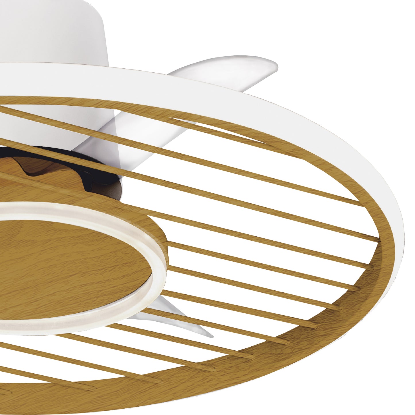 Close-up view of the Soho White/Wood Ceiling Fan with Light by Ceiling Fans UK, featuring a modern design. It boasts a circular wooden frame with evenly spaced wooden slats radiating from the center, where blades are attached. The fan combines wood and white elements, showcasing contemporary aesthetics and includes remote and APP control for convenience. This 66cm ceiling fan has a 45W LED dimmable light and a built-in 30W DC fan, all backed by a 5-year warranty.