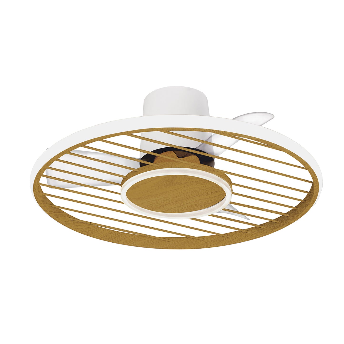 The Soho White/Wood Ceiling Fan with Light 66cm by Ceiling Fans UK is a sleek and modern ceiling fixture. Featuring a circular frame with wooden slats and a central LED dimmable light, this fan integrates a built-in 30W DC fan. The partially visible blades add a unique touch to its minimalist design. Enjoy adjustable color temperature with the convenience of remote and APP control, all in an elegant white and wood color scheme. Plus, it comes with a 5-year warranty for added peace of mind.