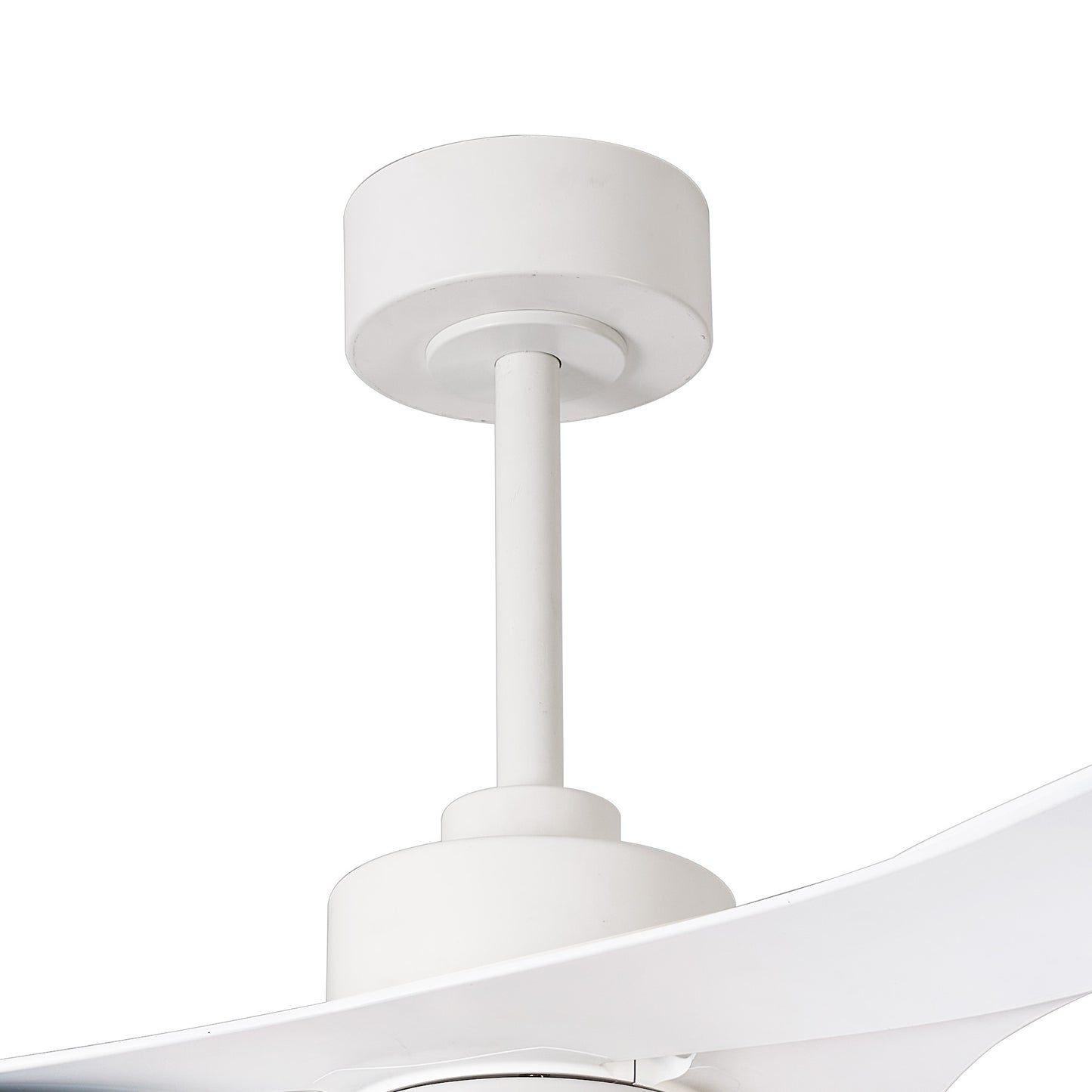 Close-up of the MANTRA M8714 Thai White Ceiling Fan (122cm) by Ceiling Fans UK, featuring a 30W dimmable LED light, built-in 35W DC fan, and both remote & app control. Blade edge visible against a plain white background. 5-year warranty included.
