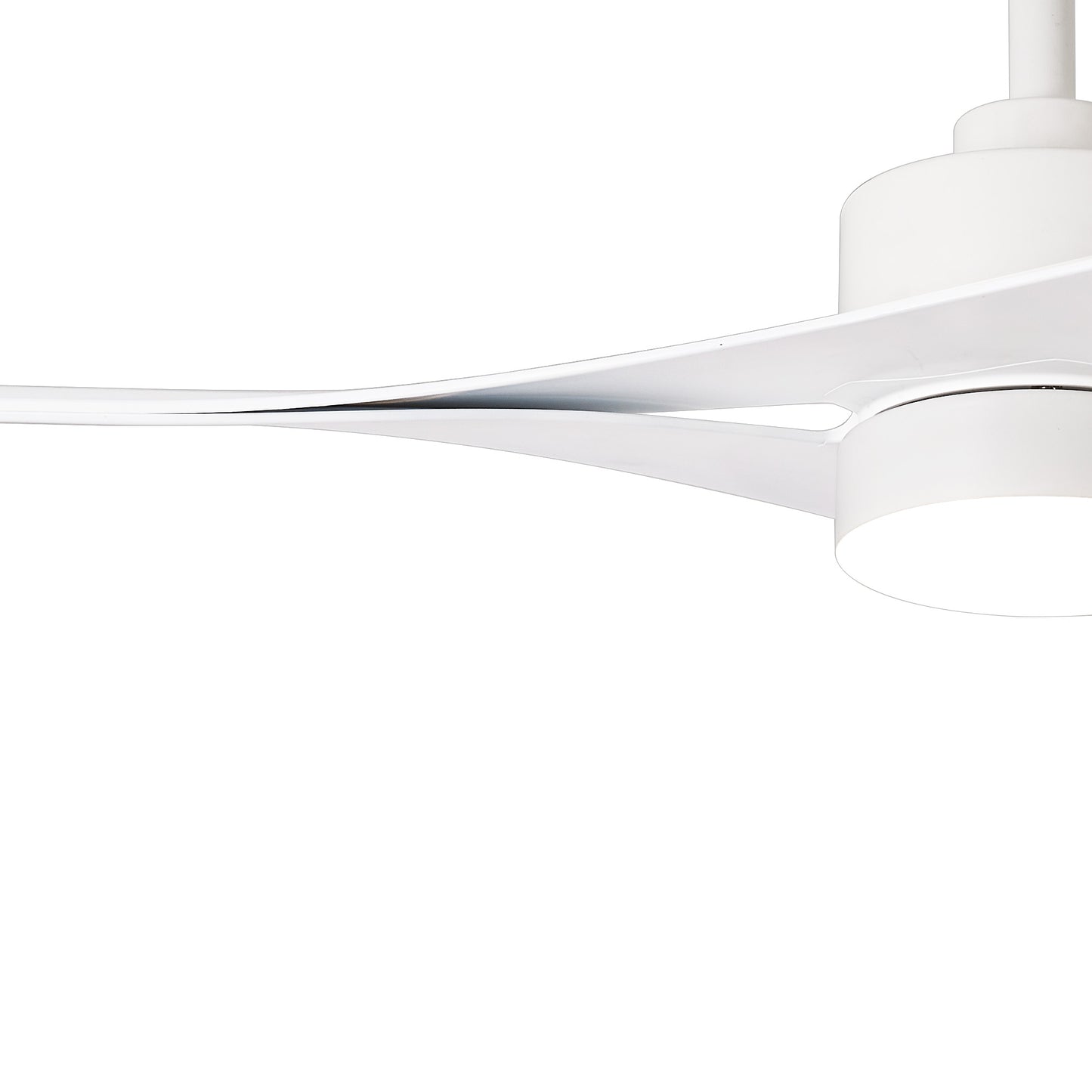The Ceiling Fans UK MANTRA M8714 Thai White Ceiling Fan features a sleek 122cm design, 30W dimmable LED light, built-in 35W DC fan, remote & APP control, and comes with a 5-year warranty, shown against a plain white background.
