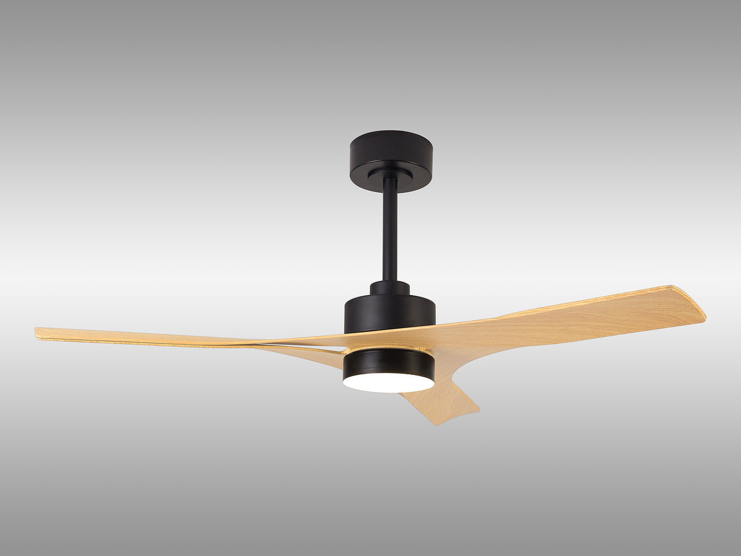The Ceiling Fans UK MANTRA M8716 is a modern Thai wood/black ceiling fan (122cm) with two wooden blades, a black cylindrical motor, 30W dimmable LED light, built-in 35W DC fan, remote & app control, and 5-year warranty on a gradient background.