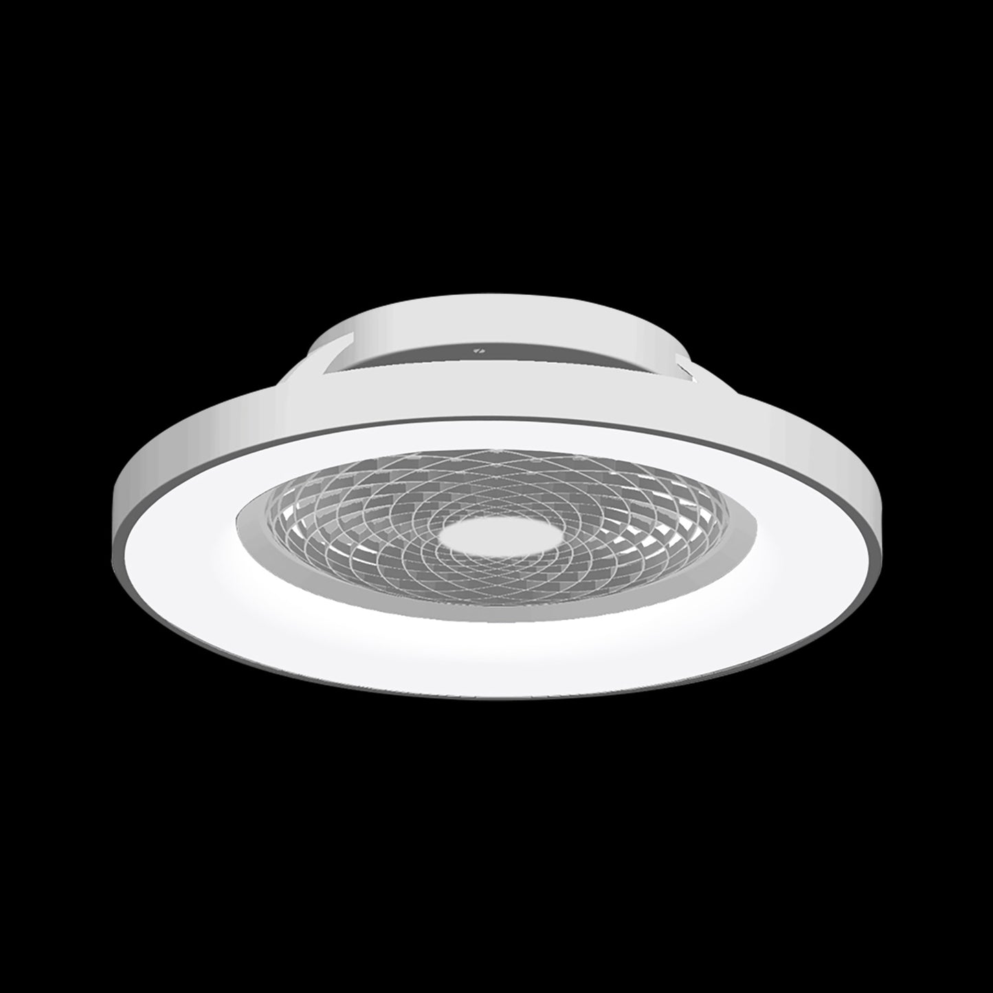 Introducing the Tibet Silver Ceiling Fan with light from Ceiling Fans UK, featuring a modern round design. This 65cm fixture combines a 70W LED dimmable ceiling light with a 35W DC reversible fan. The sleek white metal frame houses a circular, grid-patterned center surrounded by a glowing white LED ring, perfectly set against a black background. Control it effortlessly with the included remote, APP integration, or Alexa/Google Voice compatibility. Enjoy peace of mind with a 5-year warranty.