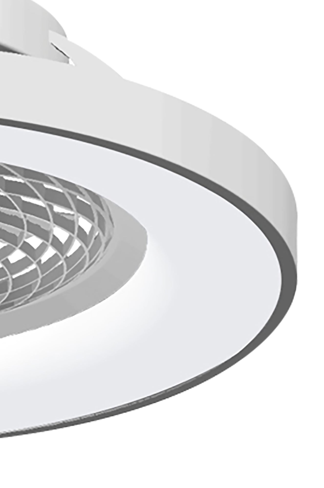 Close-up view of the Tibet Silver Ceiling Fan with Light by Ceiling Fans UK. This 65cm, 70W LED dimmable ceiling light also features a 35W DC reversible fan. The design showcases a sleek white outer ring and an intricate, fan-like central element. The minimalist and contemporary style is perfect for integration with Alexa/Google Voice Control. The background is plain white.