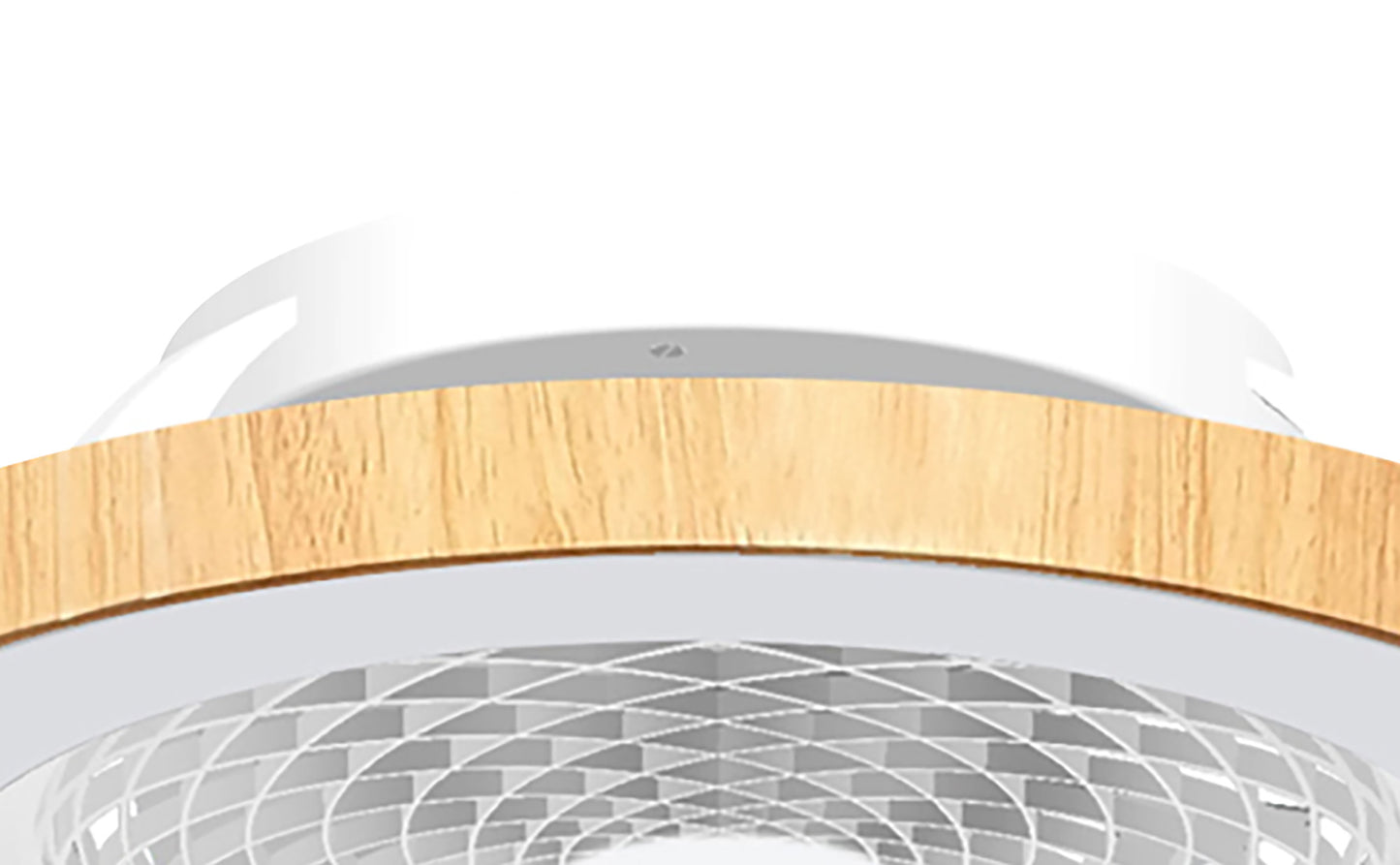 Close-up of the Tibet White/Wood Ceiling Fan with light, featuring a white base and wooden trim. The geometric lattice design covering the 70W LED dimmable light source stands out against the white background, making it the focal point of the image. This ceiling fan also includes a 35W DC reversible motor, remote control, app integration, and is compatible with Alexa/Google Voice. Brought to you by Ceiling Fans UK and backed by a 5-year warranty.