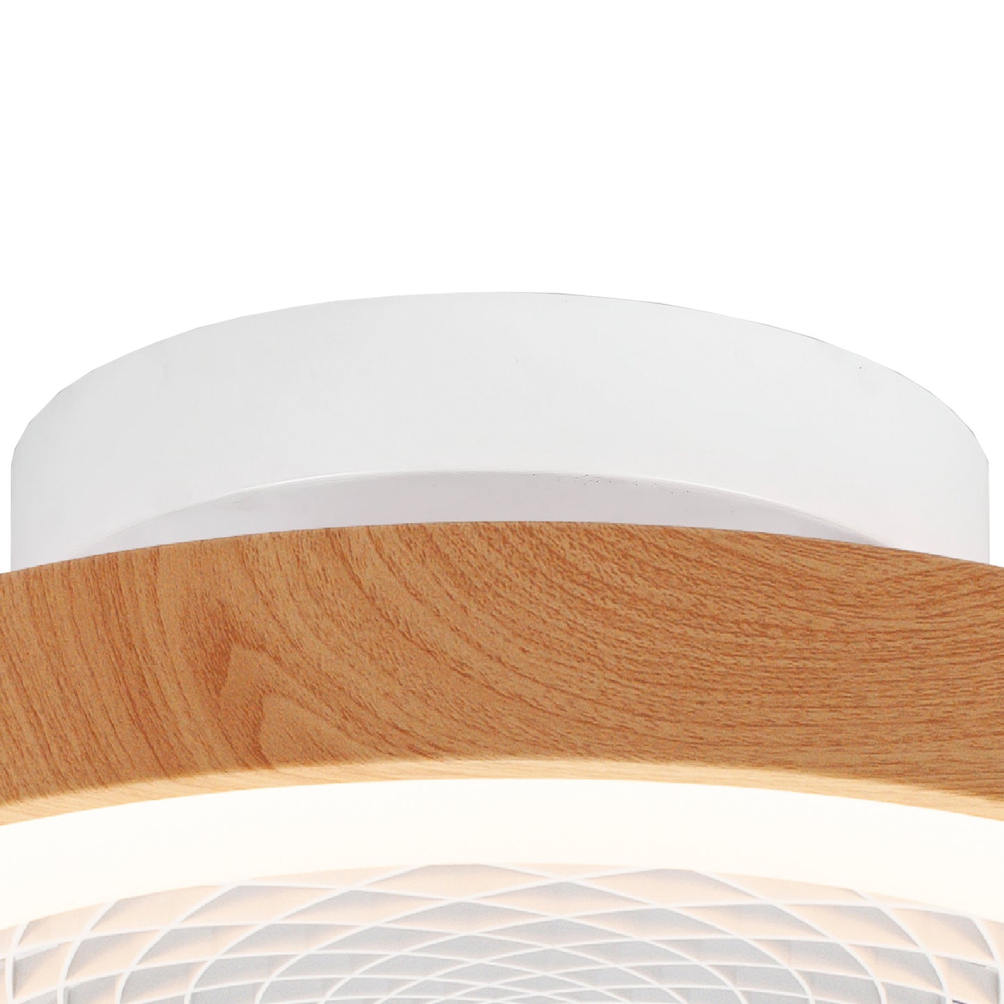 Close-up of the Ceiling Fans UK Tibet Mini White/Wood Ceiling Fan with Light. This modern fixture, featuring a 53cm circular shape, includes a 70W LED dimmable light with a white outer ring and a central section boasting a wooden texture for a contemporary design. The illuminated pattern inside the light creates a geometric appearance, and the integrated 35W DC reversible fan can be controlled via remote, backed by a 5-year warranty.