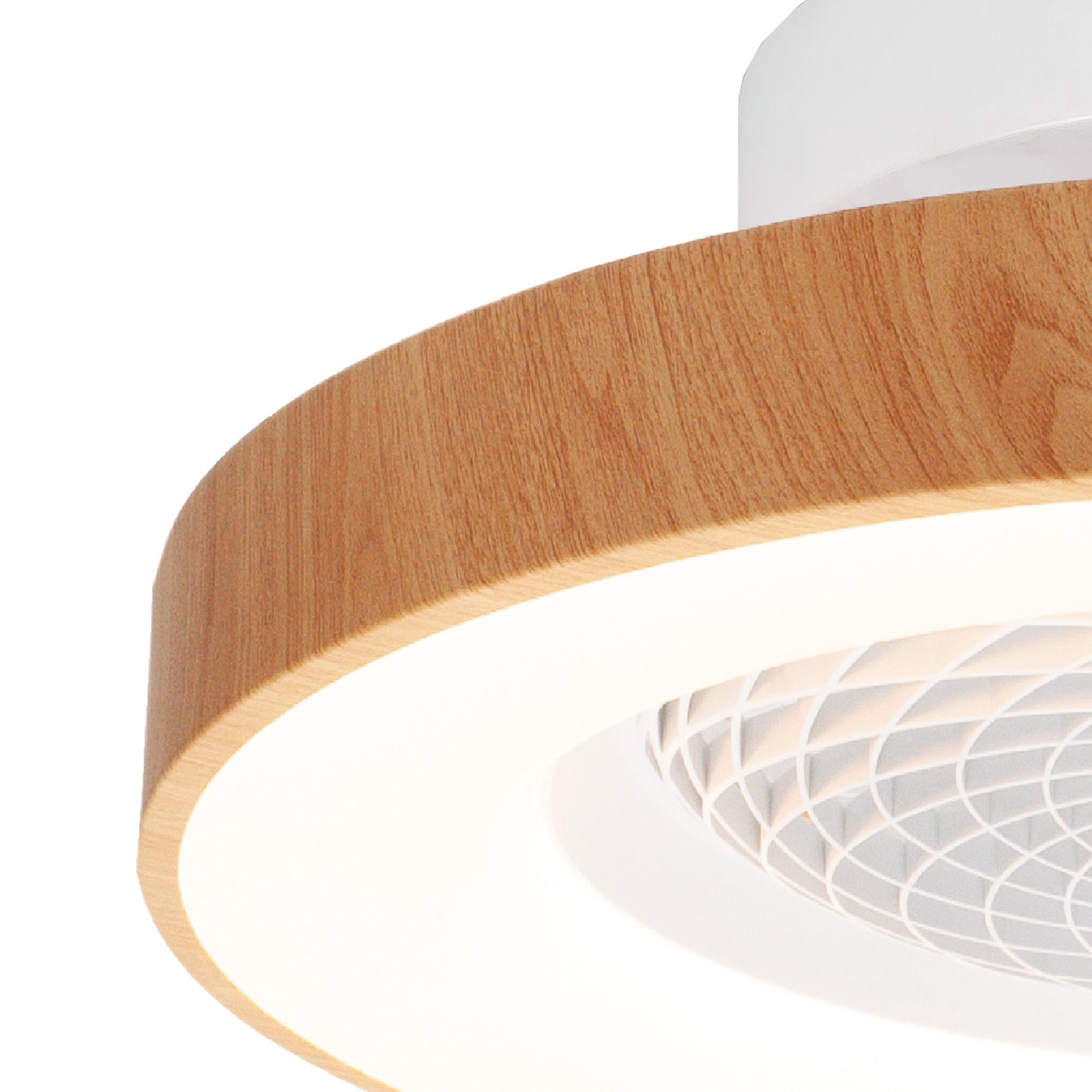 A close-up view of the Tibet Mini White/Wood Ceiling Fan with Light by Ceiling Fans UK features a modern circular wooden frame and an inner white LED ring. The center showcases a mesh design, while the top part is crafted from smooth, glossy white material. This 53cm ceiling fan includes a 70W dimmable LED light and a 35W DC reversible fan, all operable via remote control, with a 5-year warranty for added peace of mind.