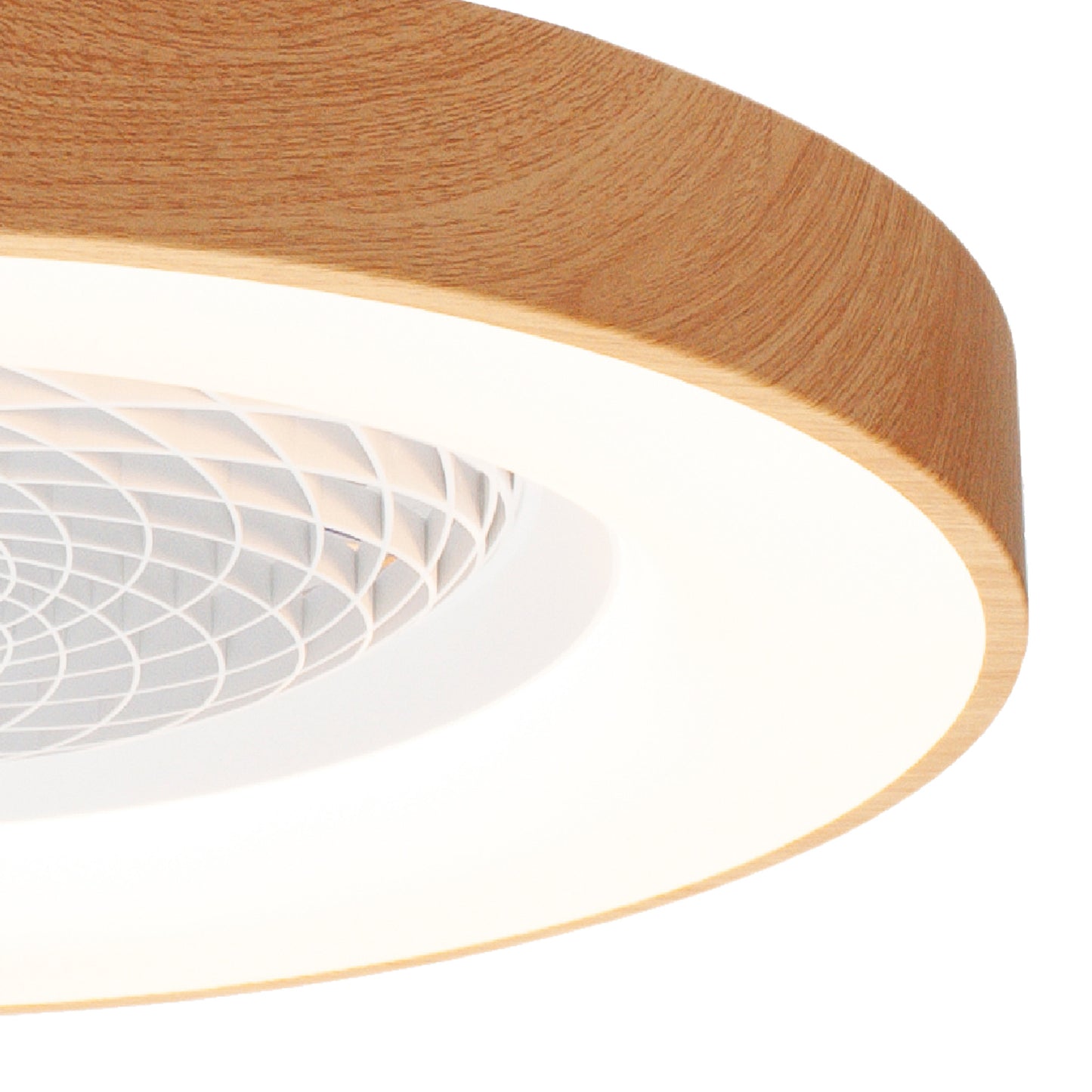 A close-up of the Ceiling Fans UK's Tibet Mini White/Wood Ceiling Fan with Light 53cm showcases a modern, LED dimmable ceiling light with a wooden trim. The light features a white, grid-like diffuser in the center that softly distributes illumination, creating a minimalist and stylish appearance. This 70W light comes with an integrated 35W DC reversible fan and includes a remote control, all covered by a 5-year warranty.