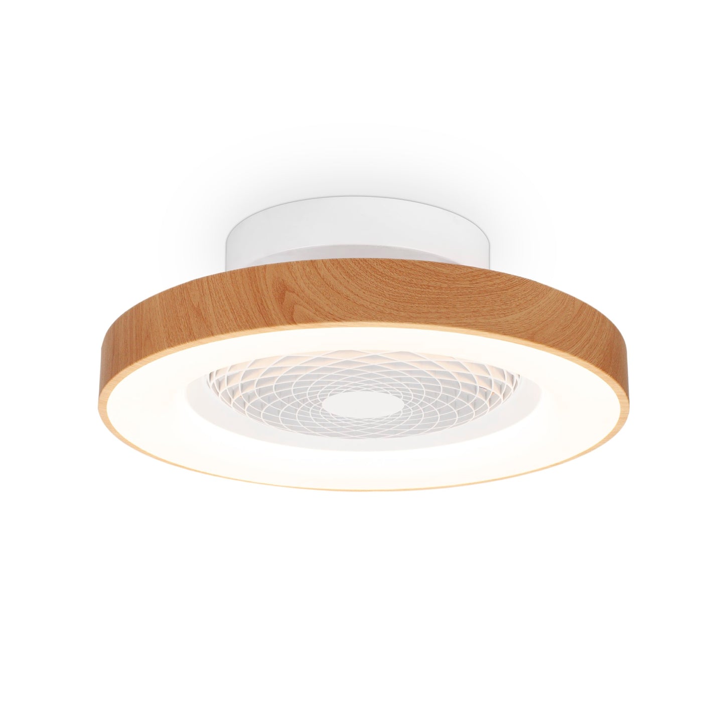 The Tibet Mini White/Wood Ceiling Fan with Light by Ceiling Fans UK features a modern round design. Its outer rim is crafted from wood, and the inner light-emitting part is white with a circular geometric pattern at the center. This 53cm LED dimmable ceiling light, equipped with a 35W DC reversible fan and remote control, offers a minimalist and contemporary aesthetic. Plus, it comes with a 5-year warranty for added assurance.
