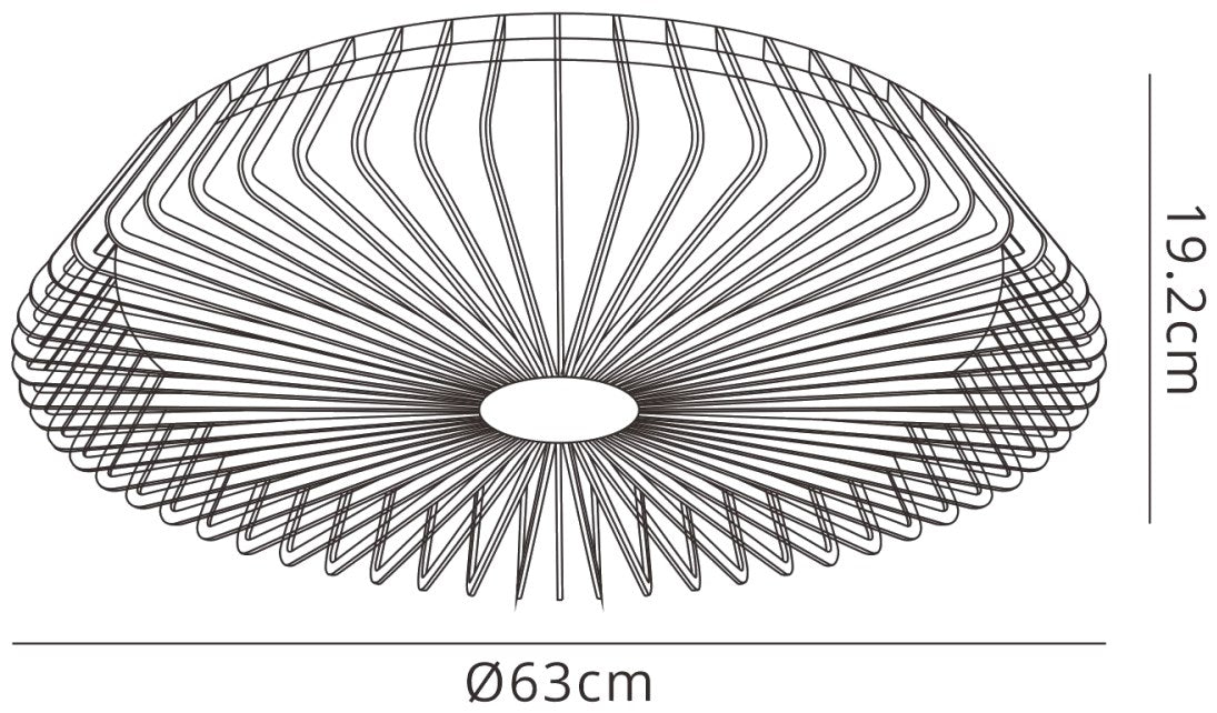 The Himalaya Black Ceiling Fan from Ceiling Fans UK features a circular wireframe design reminiscent of a lampshade, with an integrated 70W LED dimmable light. It measures 19.2 cm in height and 63 cm in diameter, boasting evenly spaced thin lines that converge at both ends. This product is seamlessly compatible with Alexa/Google voice control and includes a built-in 35W DC reversible fan, remote control, app connectivity, and a five-year warranty.