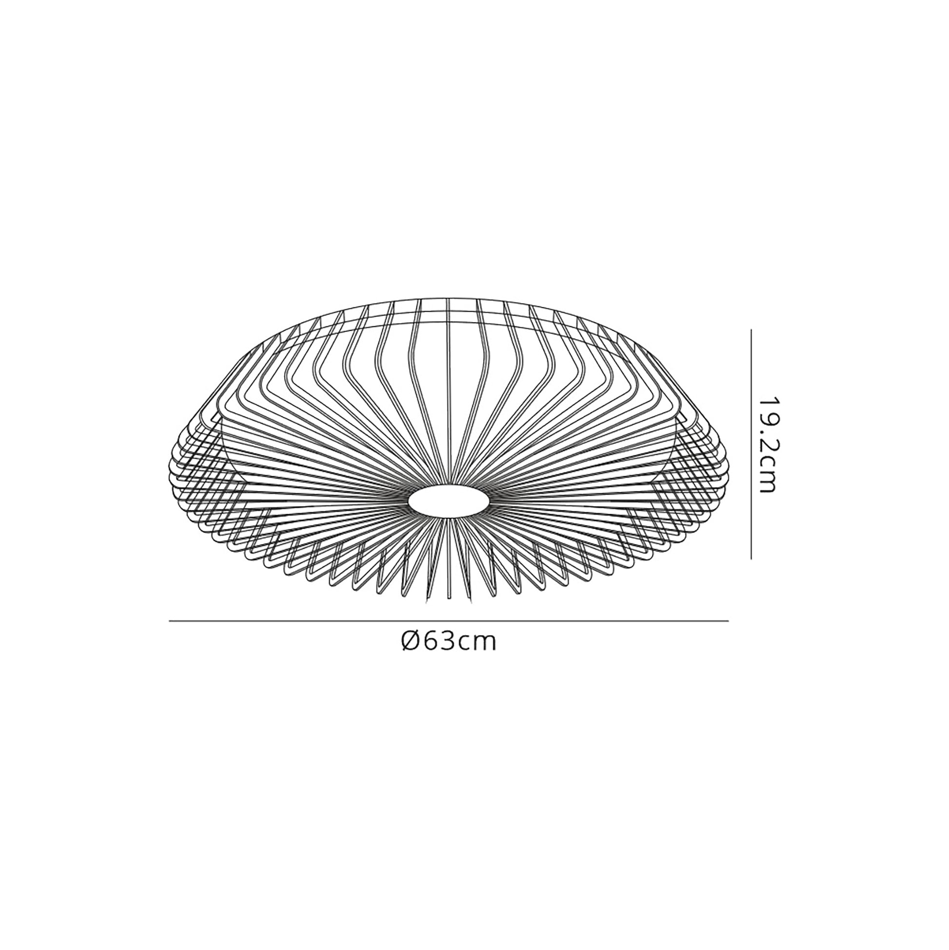 A line drawing of the Himalaya Wood Ceiling Fan with Light by Ceiling Fans UK features a circular, wireframe dome design measuring 63 cm in diameter and 19.2 cm in height. It elegantly incorporates a 70W LED dimmable light for customizable ambiance, reminiscent of a modern lampshade or decorative cover.