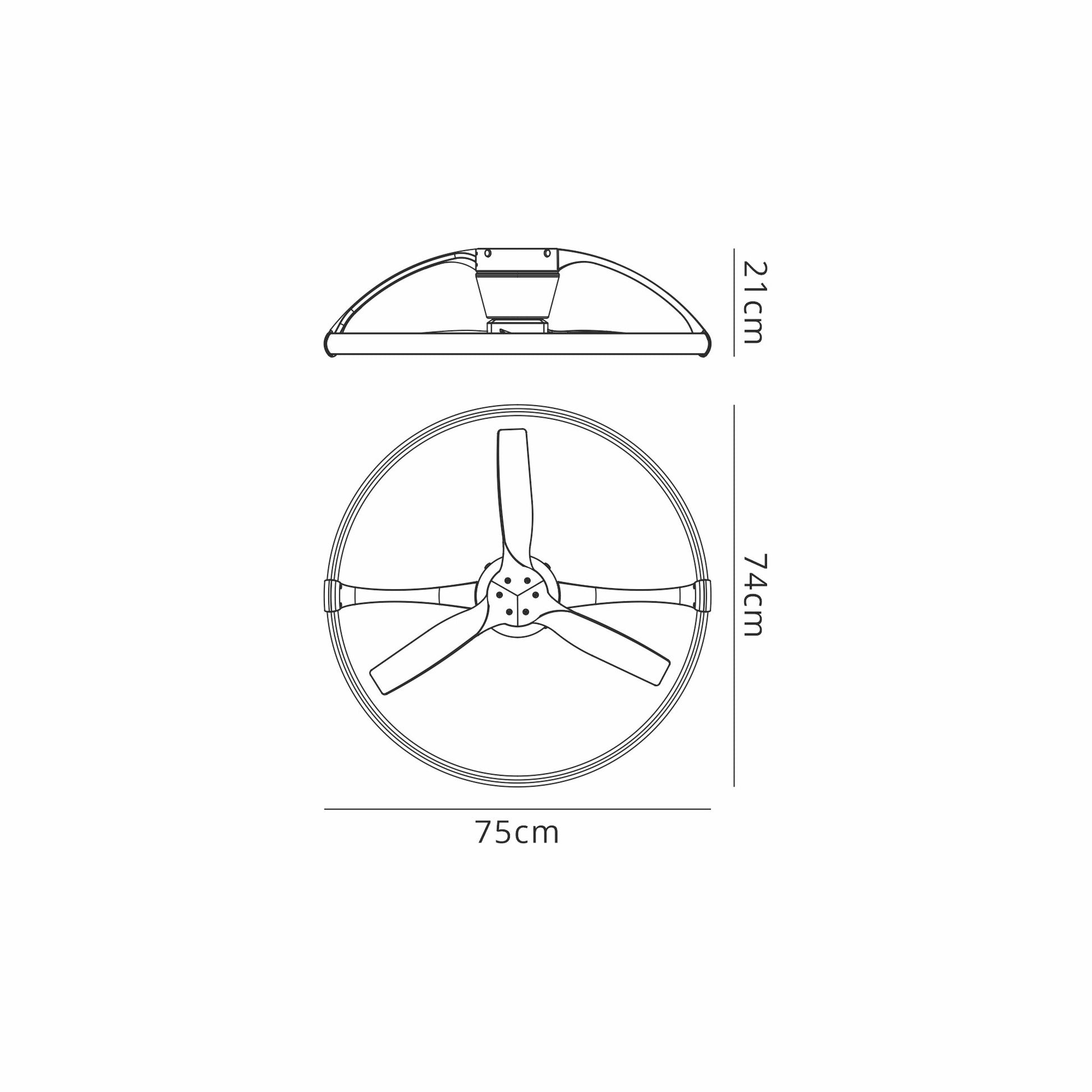 Line drawing of the MANTRA M7803 Nepal White/Beech Mini Ceiling Fan (Ceiling Fans UK): 21 cm height (side), 75 cm diameter and 74 cm height (front), labeled in cm. Features 55W LED dimmable light, built-in 30W DC reversible fan, remote & app control.