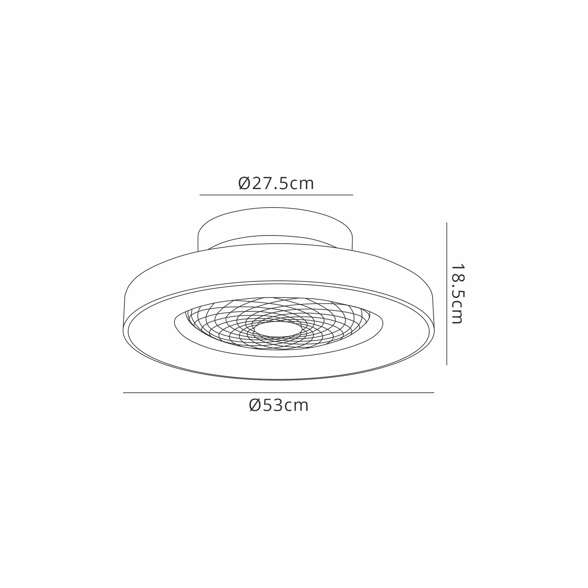 A technical drawing of the Tibet Mini Black 53cm 70W LED Dimmable Ceiling Light with a 35W DC Reversible Fan from Ceiling Fans UK shows dimensions: 18.5 cm in height, 53 cm in outer diameter, and 27.5 cm in the diameter of the inner circle. The light features a rounded design with a grid-like pattern in the center and comes with an included remote. It produces up to 3900 lumens and is backed by a five-year warranty.