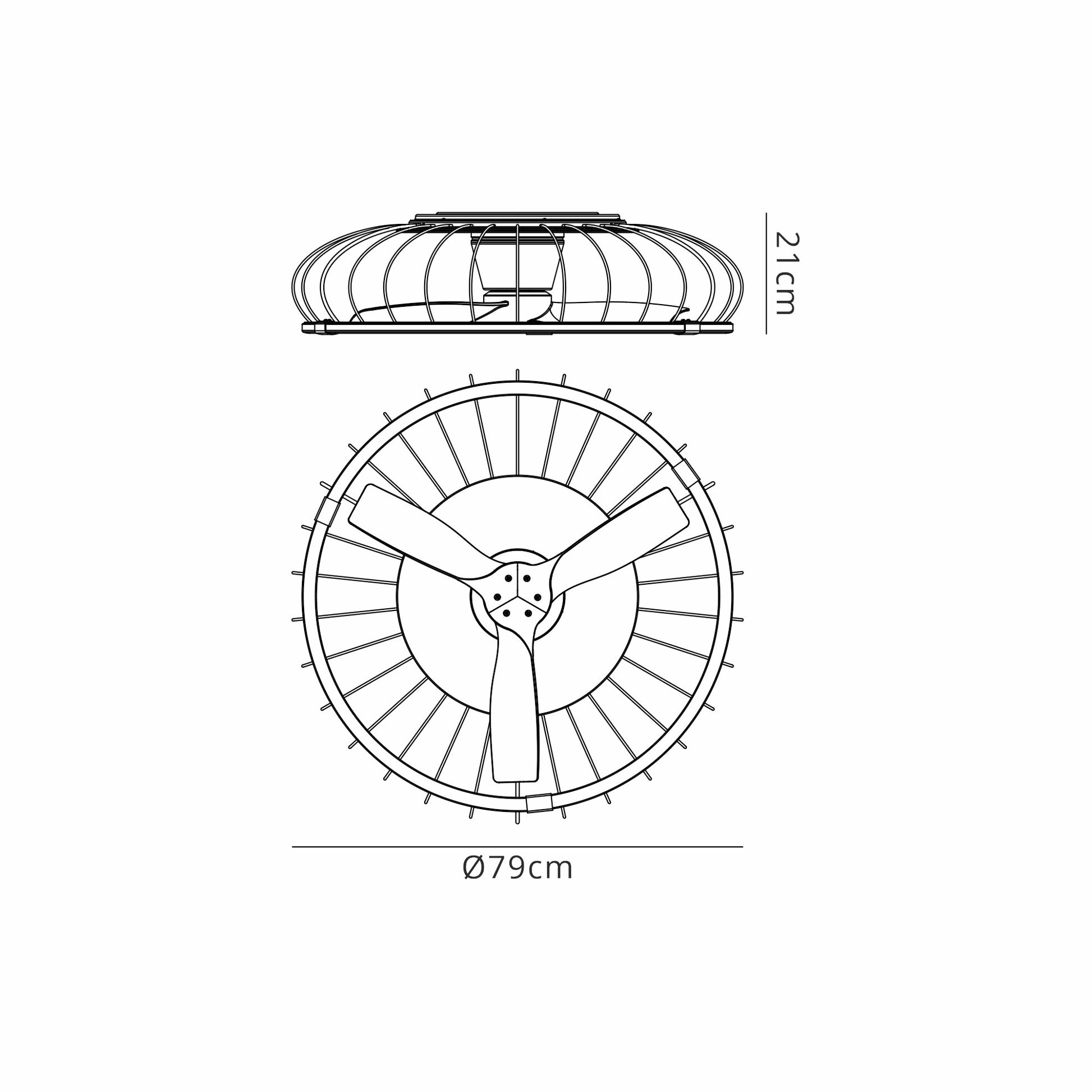 Technical line drawing of the Ceiling Fans UK MANTRA M7807 Nature White 79cm LED dimmable ceiling fan (75W light, 30W DC reversible fan) with protective cage, remote & app control; shows top and side views with dimensions: 21cm high, 79cm diameter.
