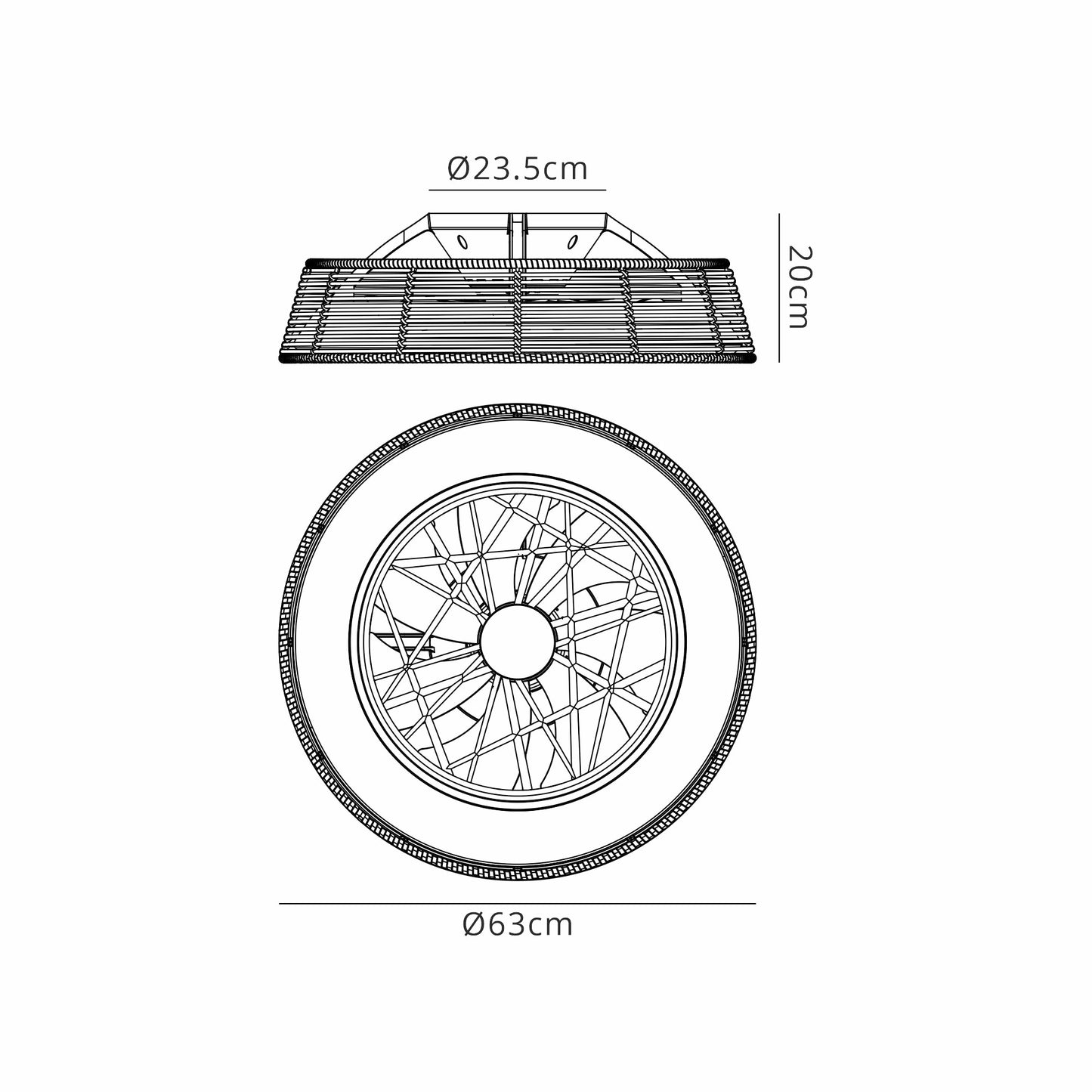 The technical drawing illustrates the Ceiling Fans UK Indonesia Beige Rattan Ceiling Fan with Light, featuring a 70W LED dimmable function. The top view displays a diameter of 63 cm with intricate wire patterns, while the side view reveals a height of 20 cm and a smaller top plate measuring 23.5 cm in diameter.
