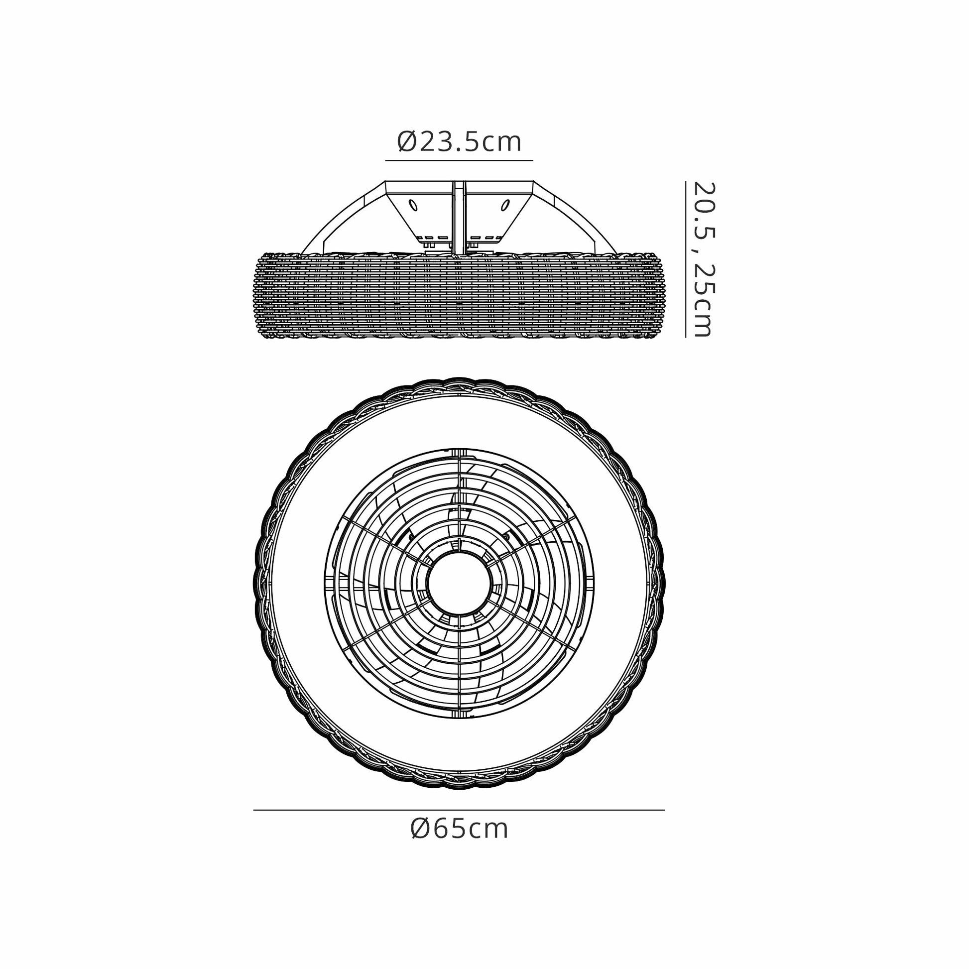 The technical drawing illustrates the Kilimanjaro White with Beige Rattan Shade, a dimmable LED ceiling light fixture by Ceiling Fans UK. From the side view, it features a cylindrical form with a diameter of 23.5 cm and an adjustable height ranging from 20.5-25 cm. The top view highlights its circular design with a diameter of 65 cm, capturing the modern elegance synonymous with advanced lighting solutions.