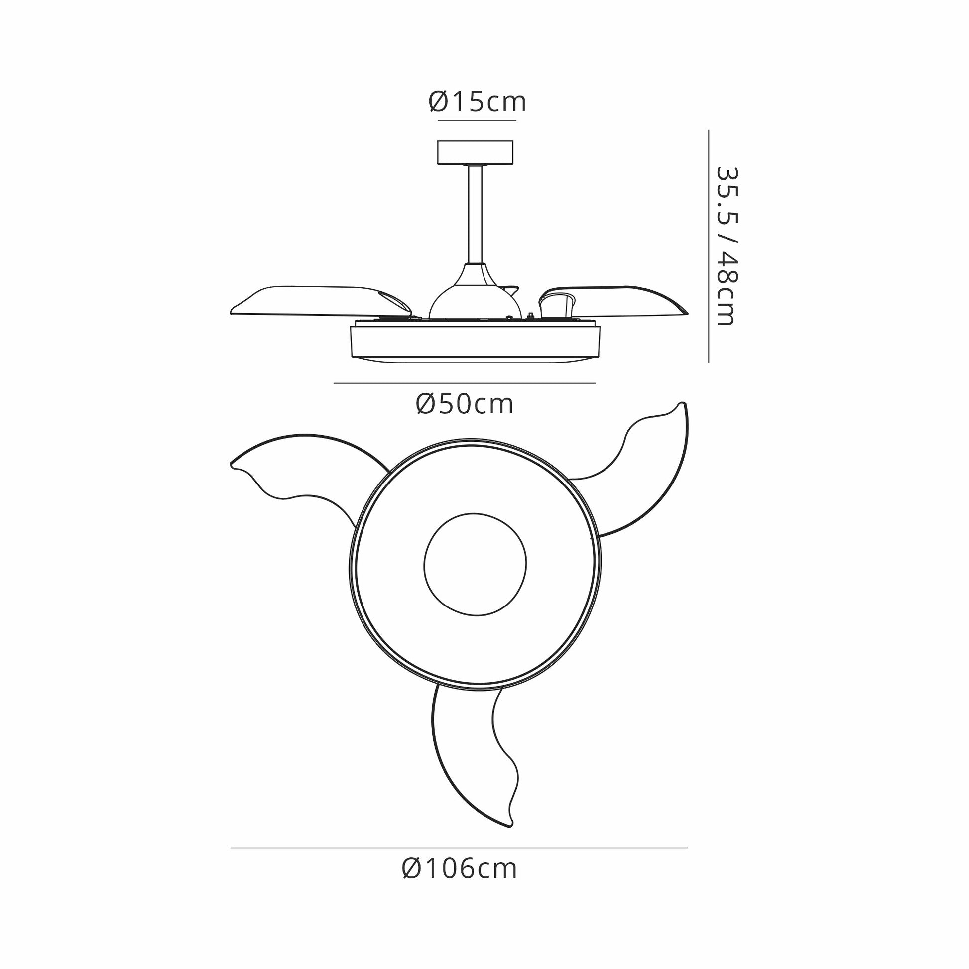 A technical drawing of the Coin Black Ceiling Fan by Ceiling Fans UK, featuring dimensions. The top view illustrates the ceiling fan equipped with a 60W LED dimmable light and three blades, collectively measuring 106 cm in diameter. The side view indicates a height range from 35.5 to 48 cm, with the central hub of the fan being 15 cm in diameter. In addition, the reversible fan has an overall diameter of 50 cm and comes with remote and app control functionality, backed by a 5-year warranty.

