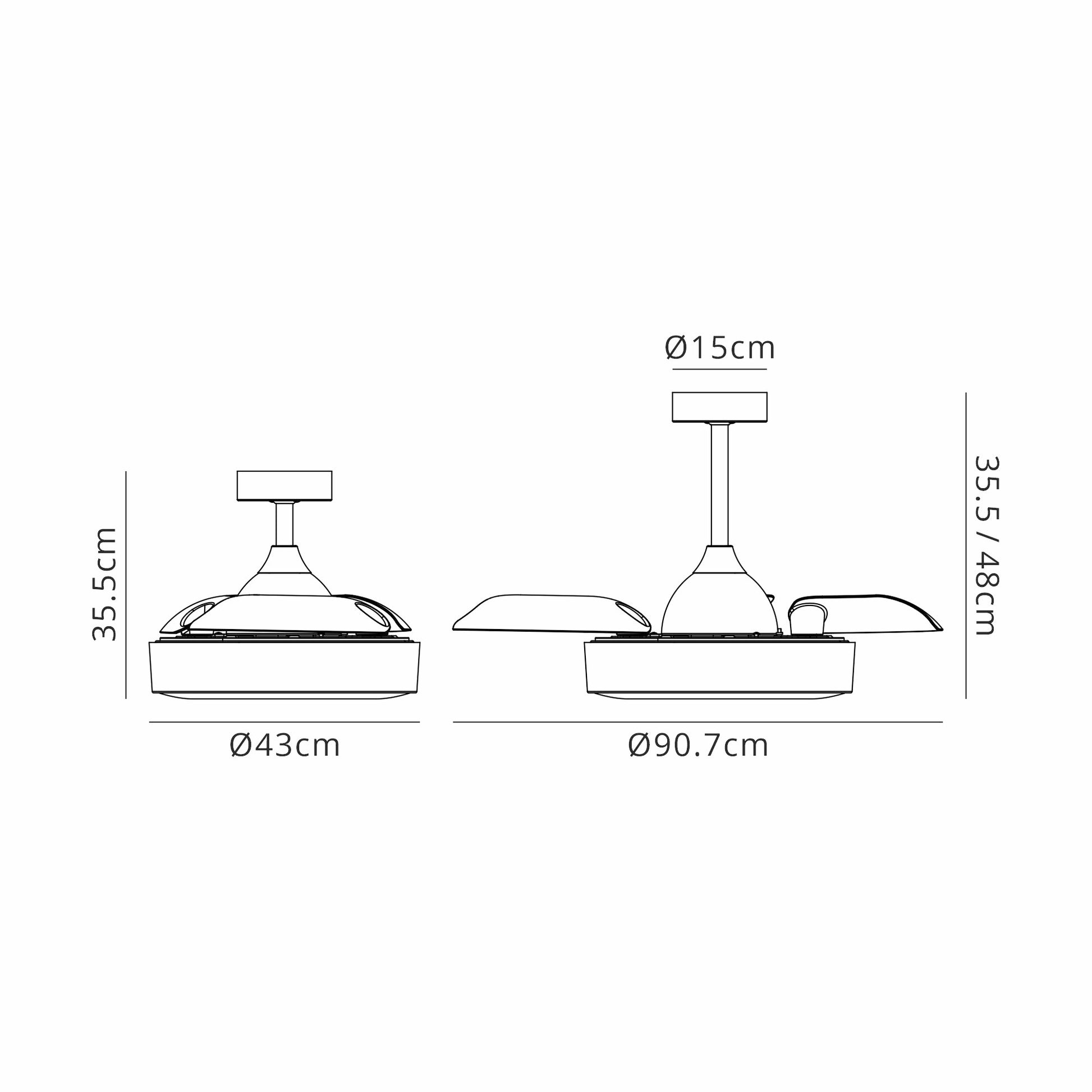 Line drawing of two dimmable LED ceiling fan designs with measurements. The left fan, by Ceiling Fans UK, named the Coin Mini White/Wood Ceiling Fan with Light, features a diameter of 43 cm and a height of 35.5 cm. The right reversible fan shares the same brand and product name and has a diameter of 90.7 cm with two adjustable heights of 35.5 cm and 48 cm, controlled via remote & APP control. Both fans incorporate a cylindrical base design.