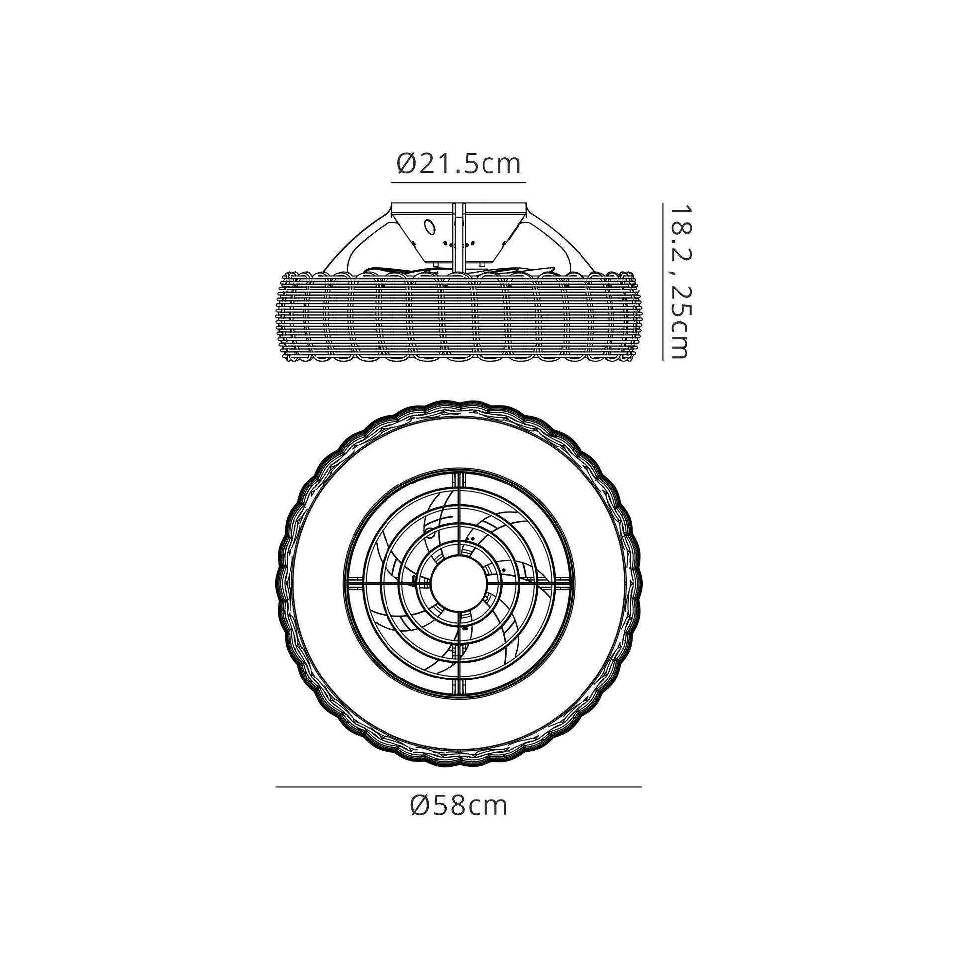 Technical drawing of the Ceiling Fans UK Kilimanjaro Mini White Fan with Beige Rattan Shade: 58cm diameter, height 18.2–25cm, top diameter 21.5cm. Side and top views show the dimmable 55W LED ceiling light and reversible fan structure.