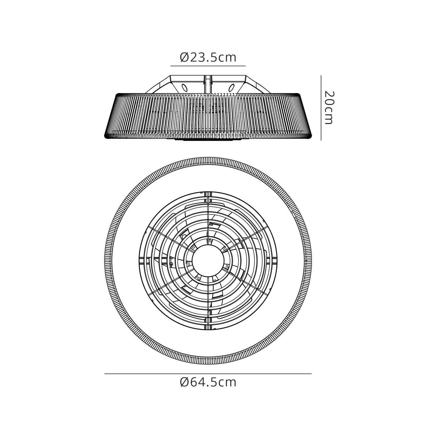 Illustration of the Polinesia Nautic Beige Oscua ceiling fan by Ceiling Fans UK, showcasing its dimensions. The top view displays a wireframe design with a diameter of 64.5 cm, while the side view highlights an LED dimmable light fixture with a height of 20 cm and a smaller diameter of 23.5 cm, seamlessly blending modern functionality with style.