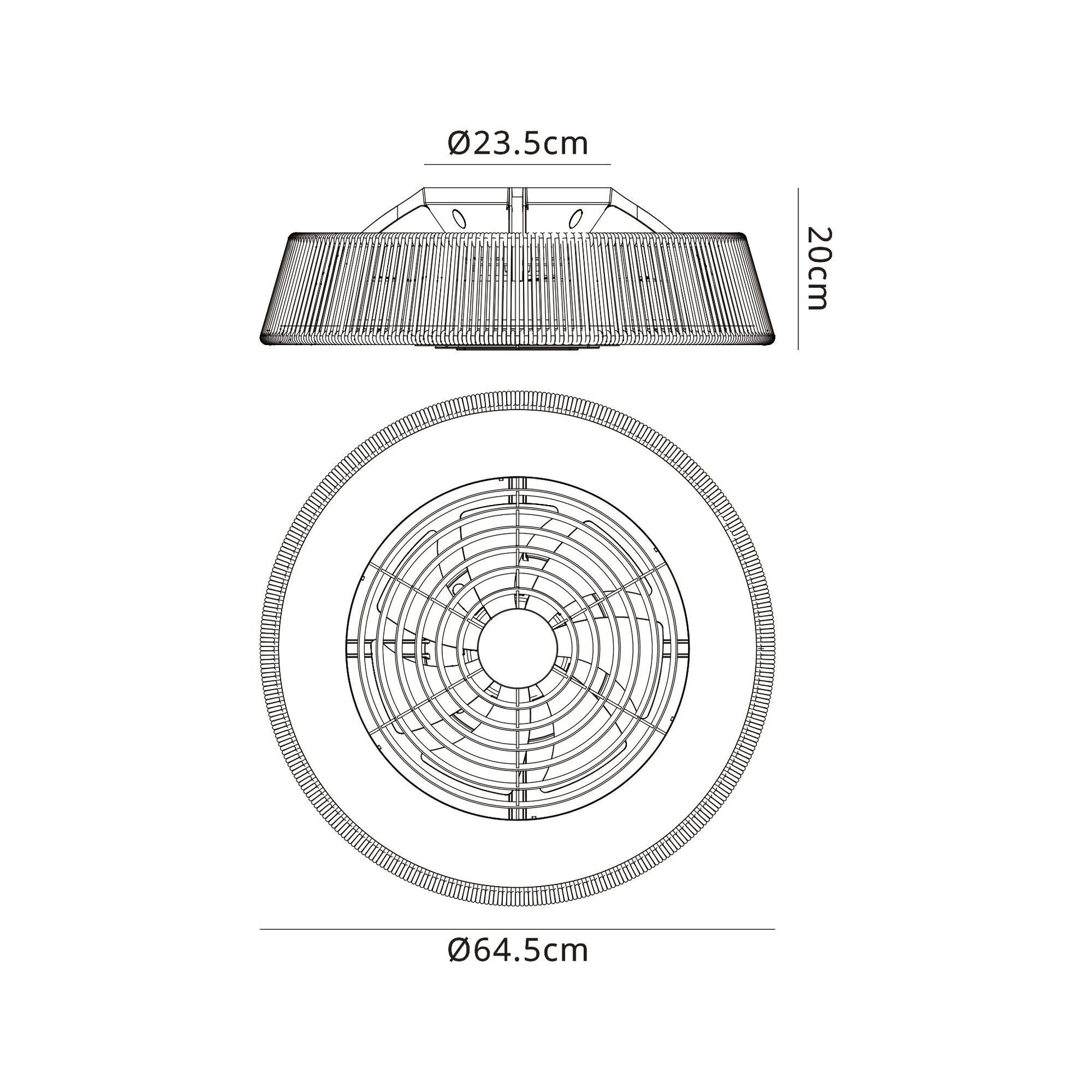Technical drawing of the Polinesia Natural Rope Ceiling Fan with Light by Ceiling Fans UK features a dimmable LED fixture. The top view illustrates a circular design with a diameter of 64.5cm. The side view reveals a height of 20cm and a top diameter of 23.5cm, showcasing its wireframe structure for optimal illumination efficiency.