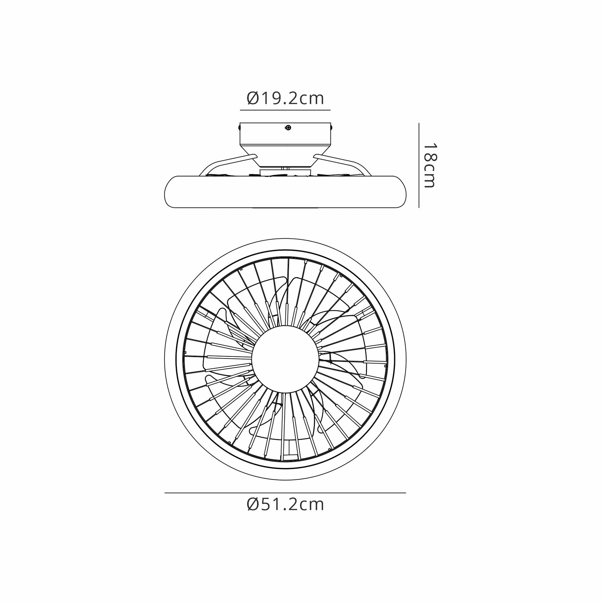 A technical drawing of the Ceiling Fans UK Turbo Black Ceiling Fan with Light. The top view shows the circular fan with blade details, having a diameter of 51.2 cm. The side view depicts the fan's height of 18 cm and a motor housing diameter of 19.2 cm. The product features a 55W LED dimmable ceiling light with a built-in 30W DC reversible fan, backed by a 5-year warranty.