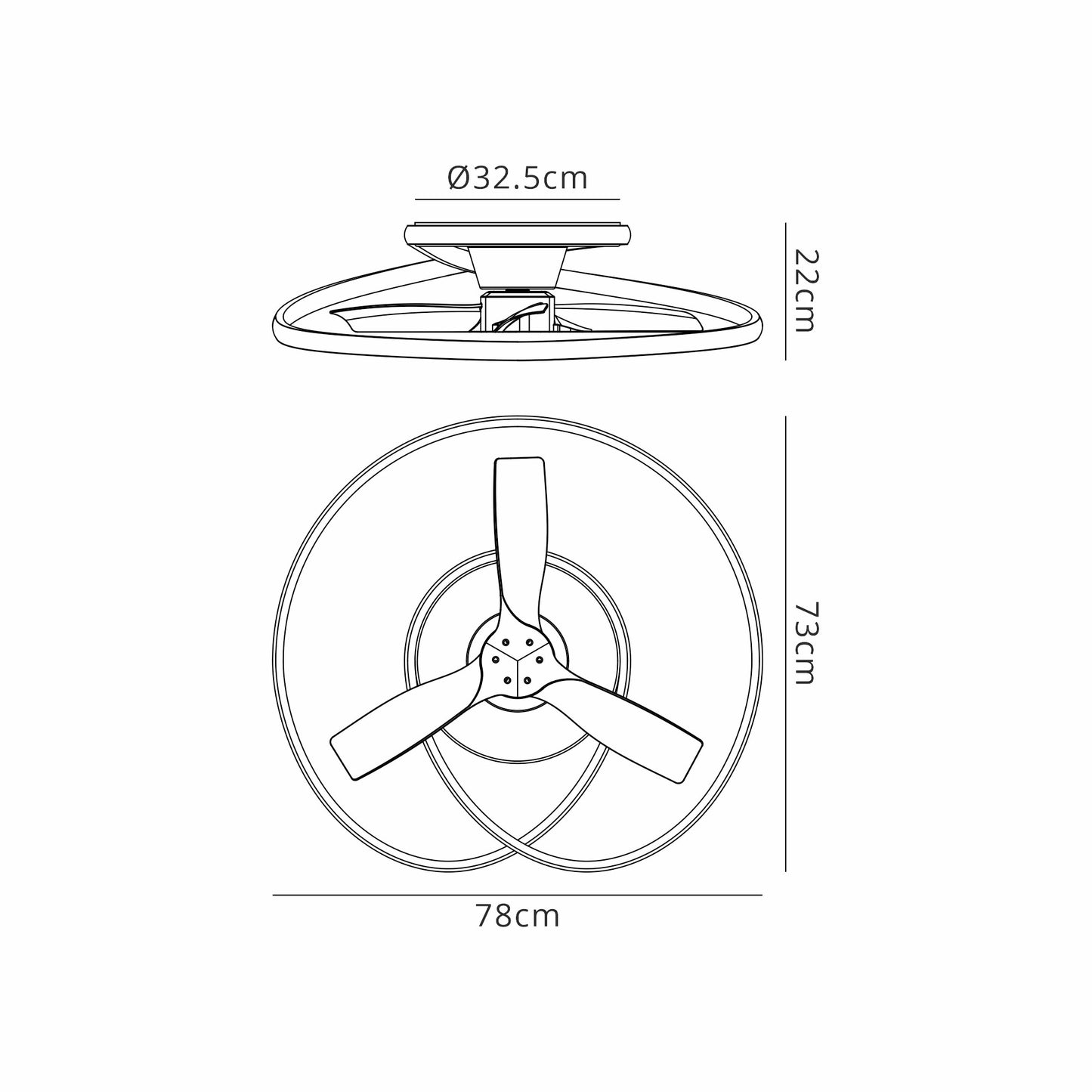 Technical illustration of the Ocean Black/Wood Ceiling Fan with Light by Ceiling Fans UK. The top view shows a diameter of 32.5 cm and a height of 22 cm. The front view indicates a blade diameter of 73 cm and a total width of 78 cm. This fan, featuring three blades within a circular frame, includes a 60W LED dimmable ceiling light and an integrated 35W DC reversible fan, and comes with a 5-year warranty.