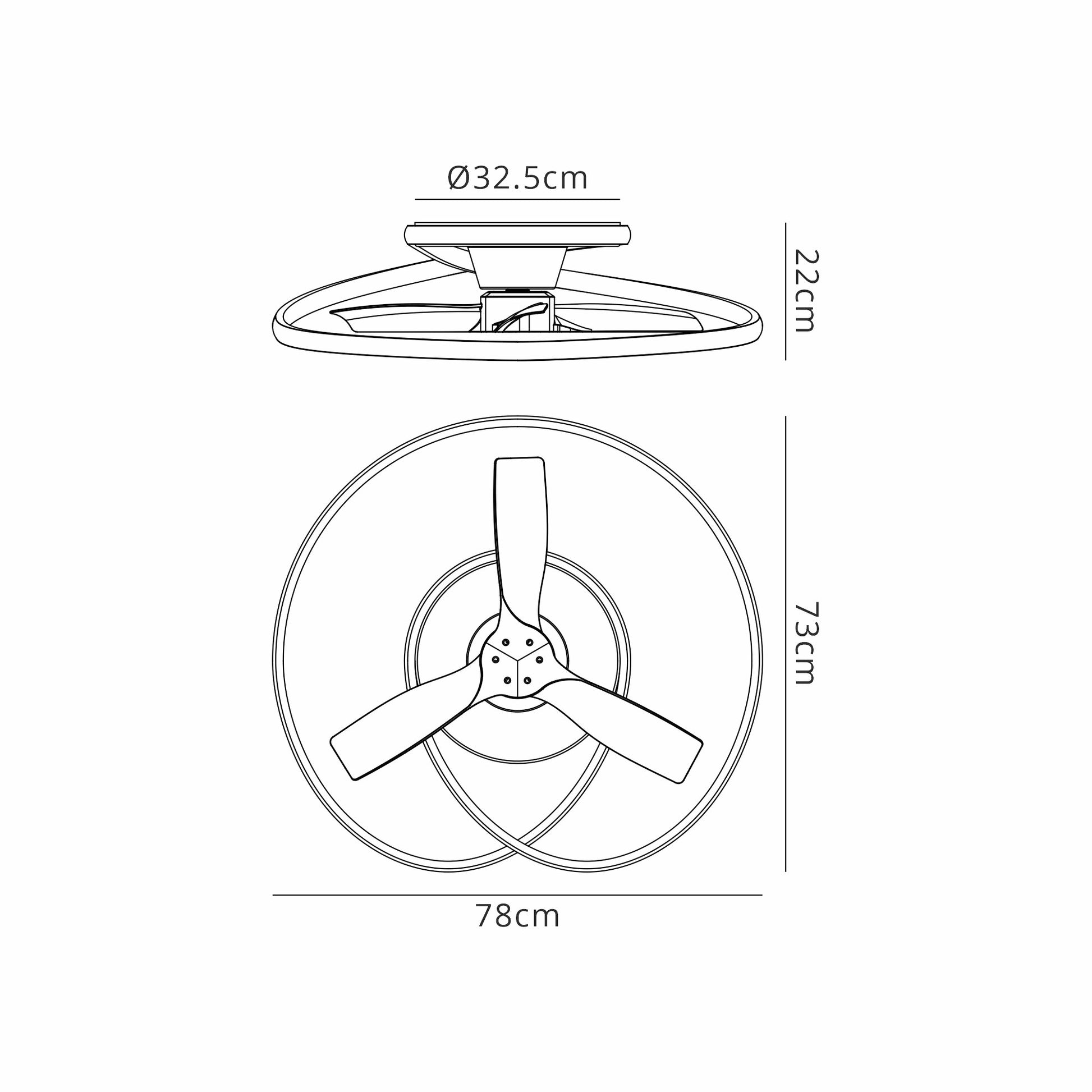 Technical illustration of the Ocean Black/Wood Ceiling Fan with Light by Ceiling Fans UK. The top view shows a diameter of 32.5 cm and a height of 22 cm. The front view indicates a blade diameter of 73 cm and a total width of 78 cm. This fan, featuring three blades within a circular frame, includes a 60W LED dimmable ceiling light and an integrated 35W DC reversible fan, and comes with a 5-year warranty.
