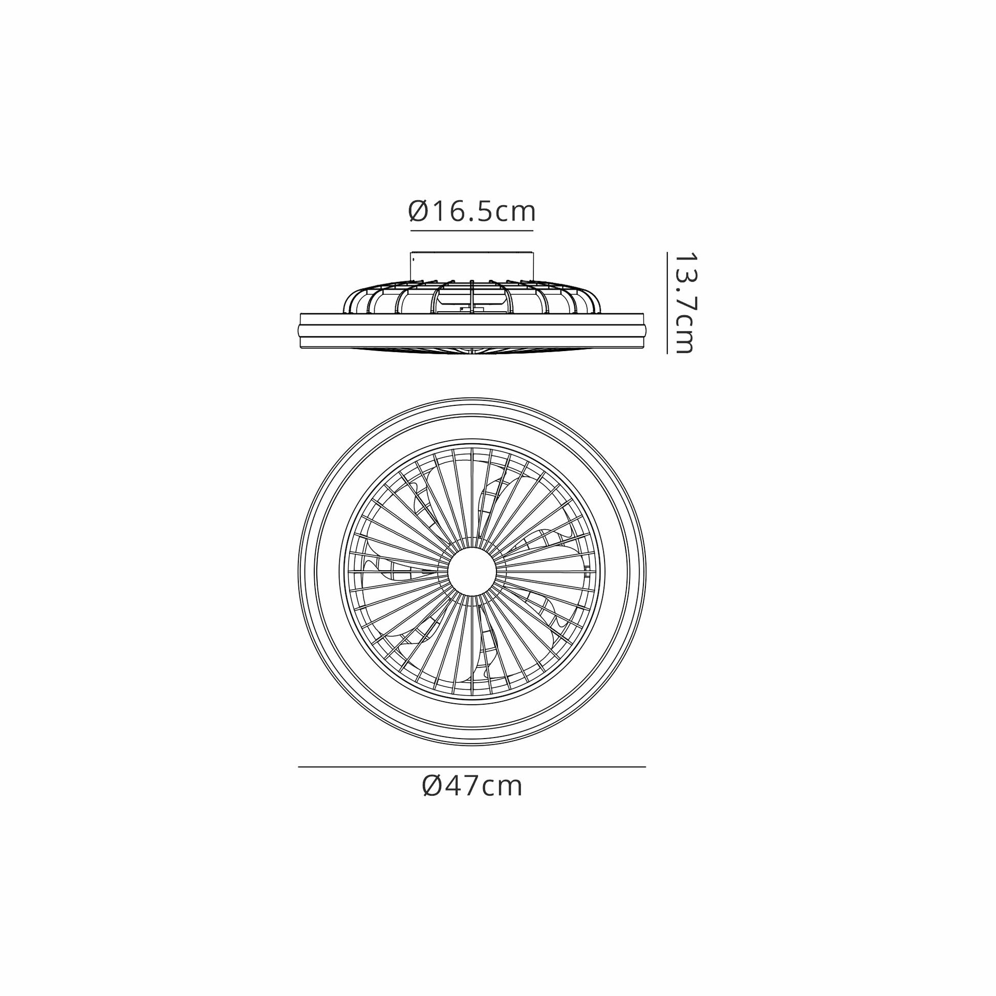 A technical drawing shows two views of the **Gamer Small Black Ceiling Fan with Light 47cm 40W LED Dimmable White/RGB Ceiling Light With Built-In 20W DC Reversible Fan, c/w Remote Control** by Ceiling Fans UK. The top view illustrates its diameter as 47 cm, and the side view shows a height of 13.7 cm with an internal element diameter of 16.5 cm. This LED dimmable light fixture includes a fan-like design inside for added style and functionality.