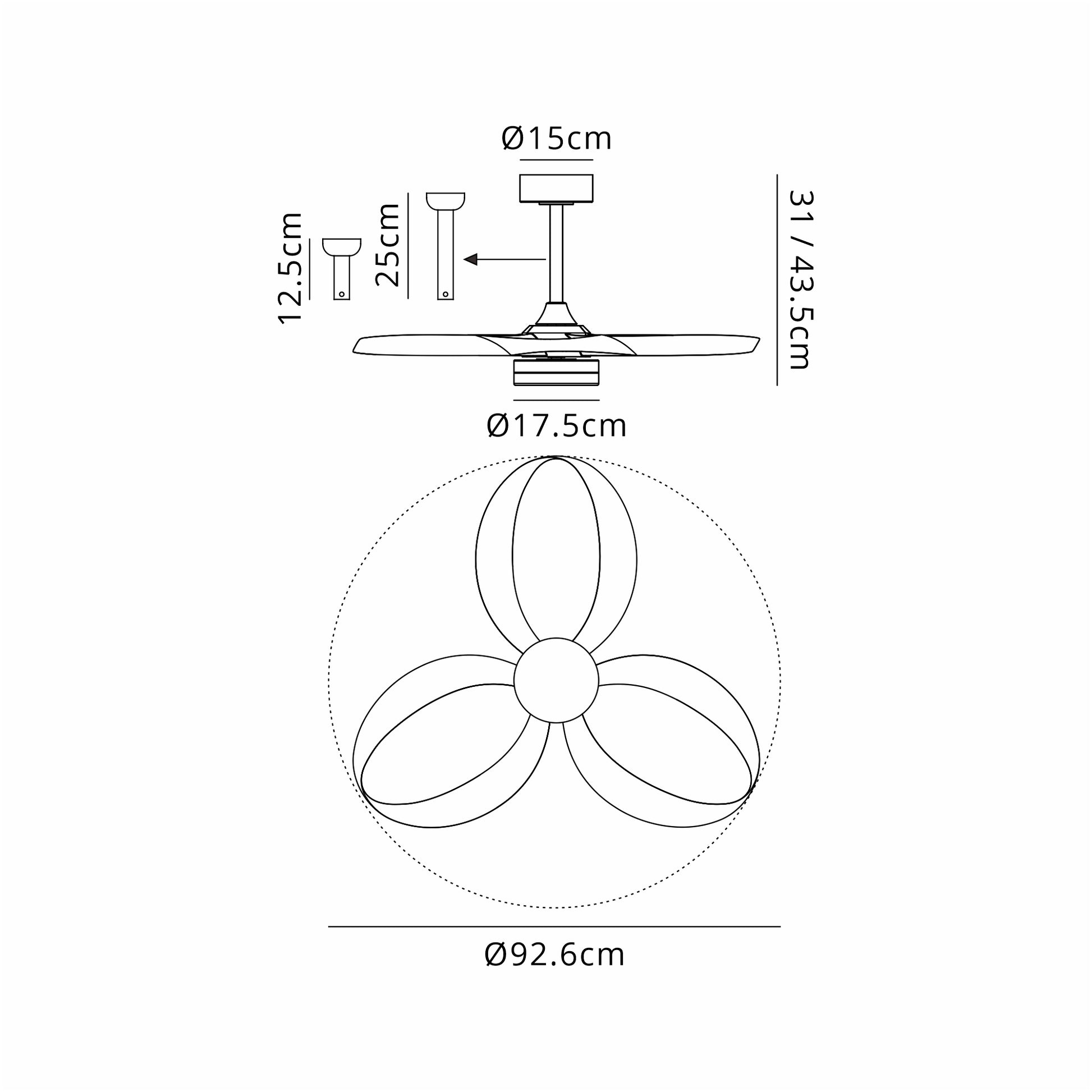 A technical drawing of the Ceiling Fans UK's Infinity White/Wood Ceiling Fan with Light. This ceiling fan, equipped with a 24W LED dimmable light and a built-in 30W DC reversible fan, features a fan diameter of 92.6 cm and four blades. The motor housing diameter is 17.5 cm, downrod options are 12.5 cm and 25 cm, canopy diameter is 15 cm, and total height options are 31 cm and 43.5 cm.
