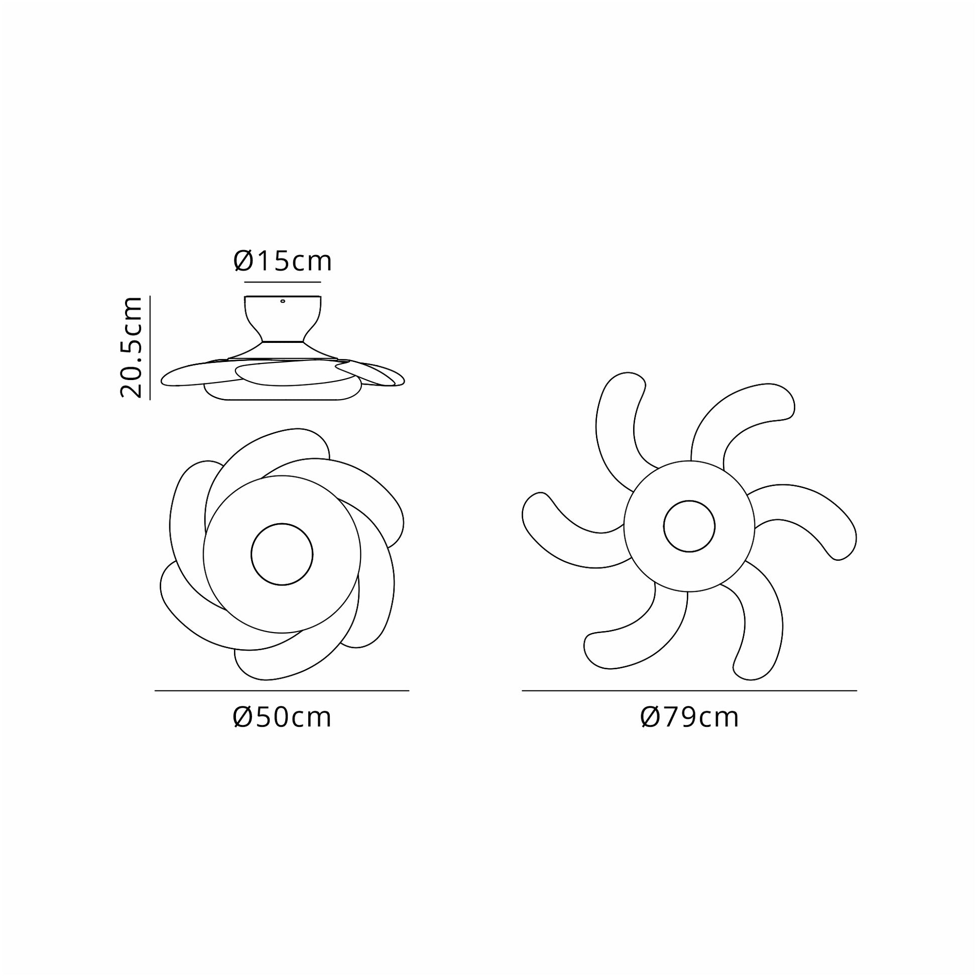 Line drawings of two ceiling fans with light, one with six blades and another with five, shown from different angles. The first fan, marketed as the Flower White/Wood Ceiling Fan with Light by Ceiling Fans UK, features a dimmable 24W LED and a remote control. It has a height of 20.5 cm and a diameter of 50 cm, including a center knob measuring 15 cm in diameter. The other fan has a diameter of 79 cm.