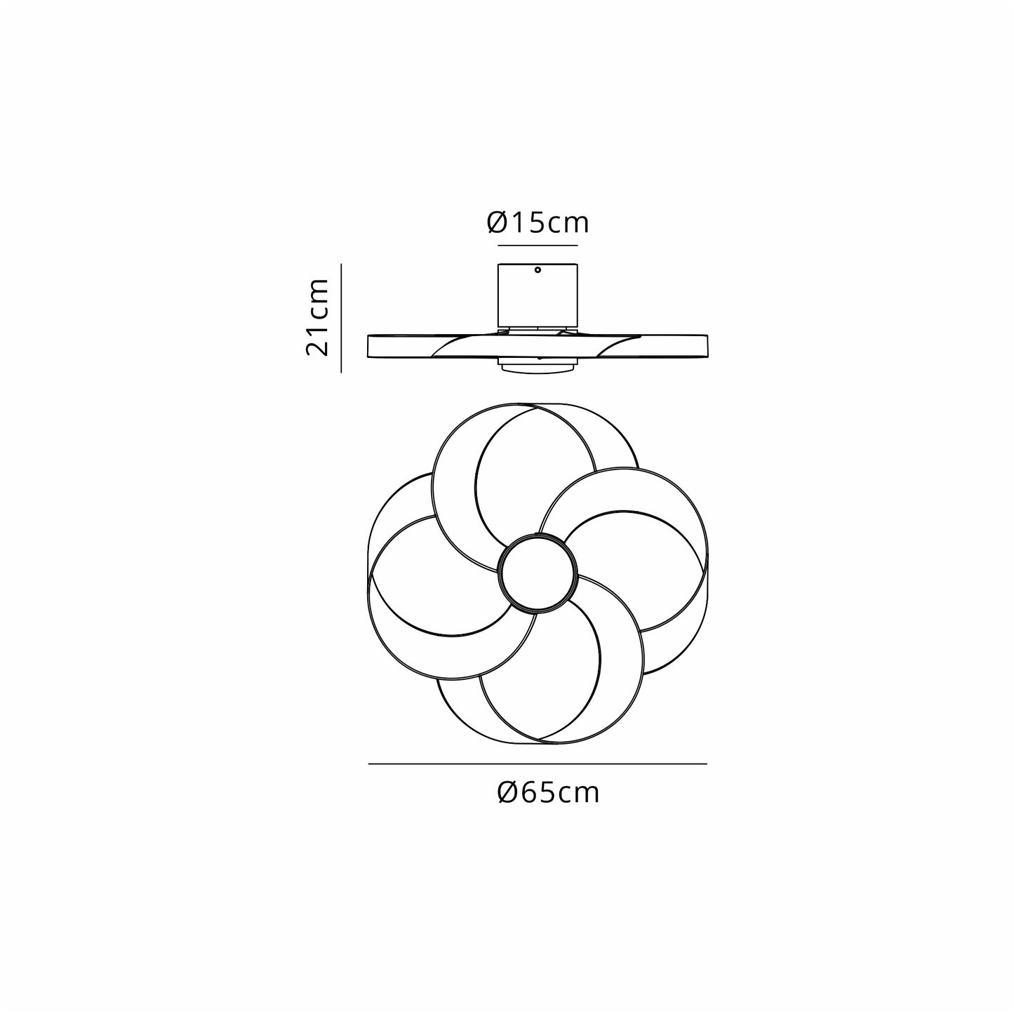 A technical drawing of the Ceiling Fans UK Rose Black 65cm Ceiling Fan with a built-in 24W LED dimmable ceiling light. The fan features curved blades with a diameter of 65 cm, a central fixture diameter of 15 cm, and an overall height of 21 cm from the ceiling to the bottom of the fixture. It includes a remote control and incorporates a reversible 22W DC fan.