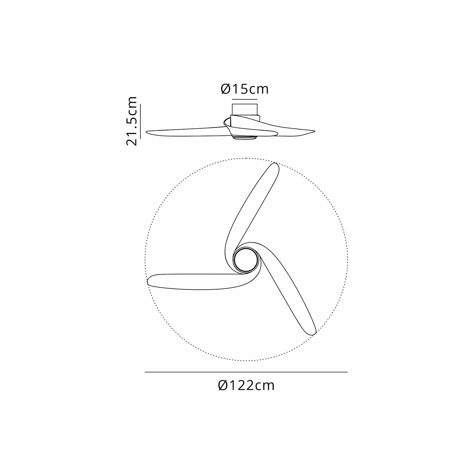 Line drawing of the MANTRA M8708 Groenland White Ceiling Fan by Ceiling Fans UK: 3-blade spiral design; top view span 122 cm, height 21.5 cm, motor housing diameter 15 cm. Features remote & APP control for dimmable 24W LED light (1700lm), built-in 30W DC fan, and a 5yr warranty.