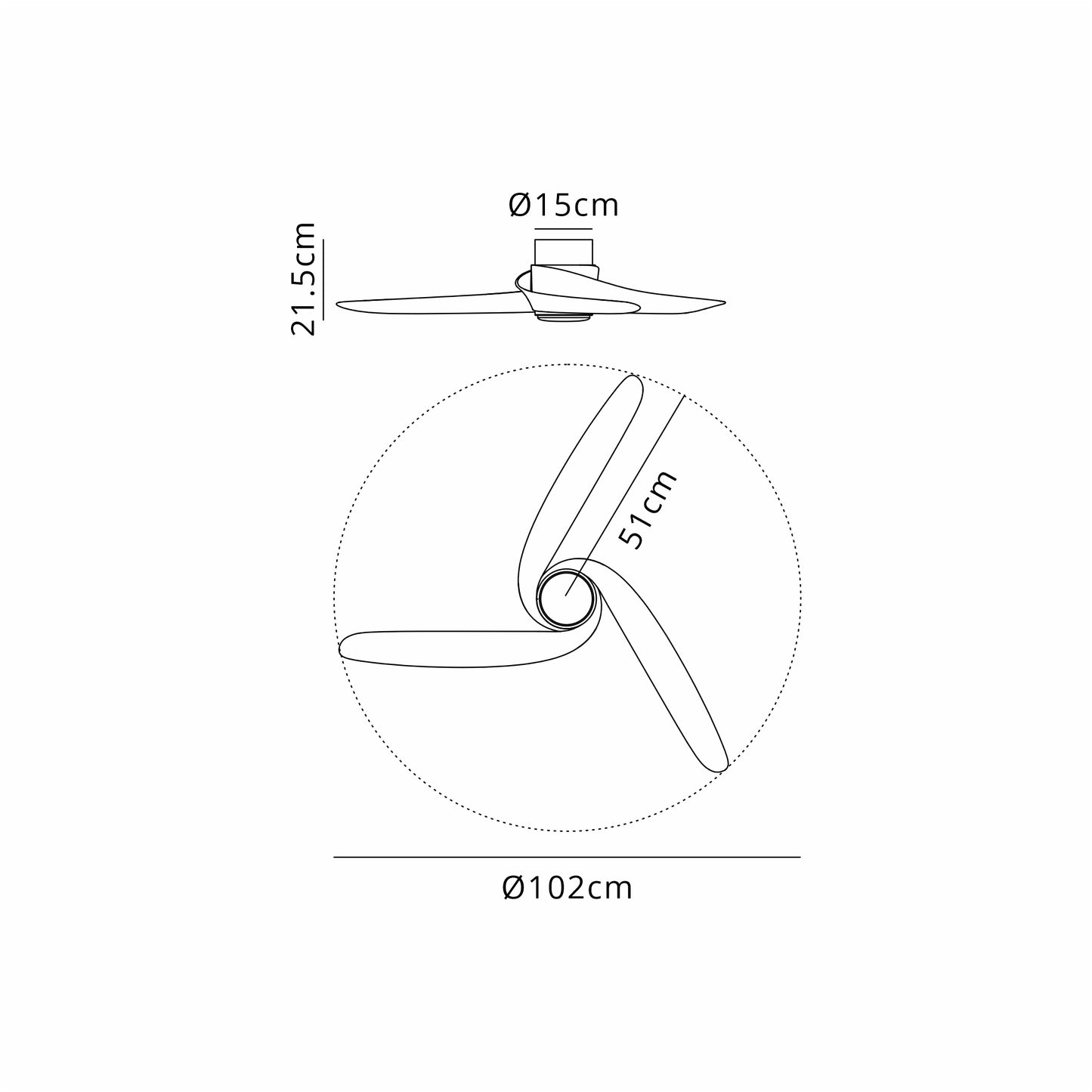 A technical diagram of the Island Black Ceiling Fan with Light, featuring an integrated 24W LED dimmable ceiling light. The top view shows the blades within a 102cm diameter circle, each blade measuring 51cm. A side view illustrates the fan’s height of 21.5cm and base diameter of 15cm. This Ceiling Fans UK product includes remote and APP control for added convenience and comes with a five-year warranty.