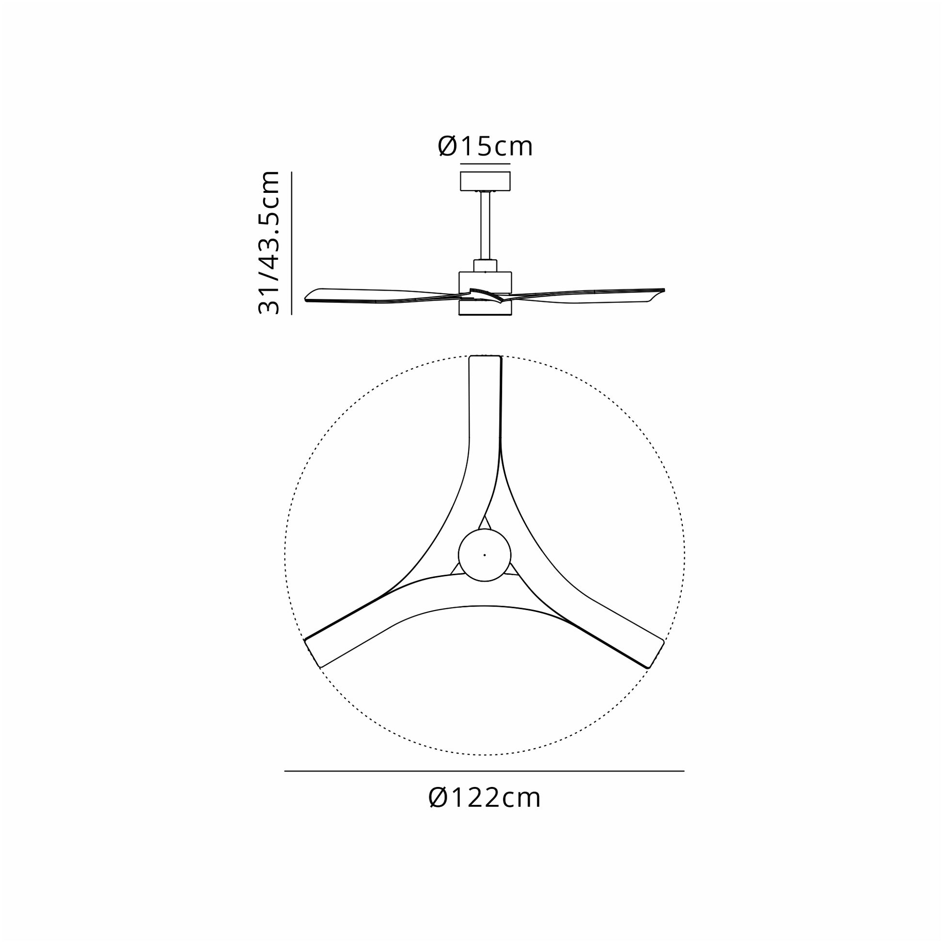 Technical drawing of the Ceiling Fans UK MANTRA M8715 Thai Black Ceiling Fan with 122cm span, 30W dimmable LED light, built-in 35W DC fan; adjustable height shown from side/top views. Includes remote & APP control, 5yr warranty.