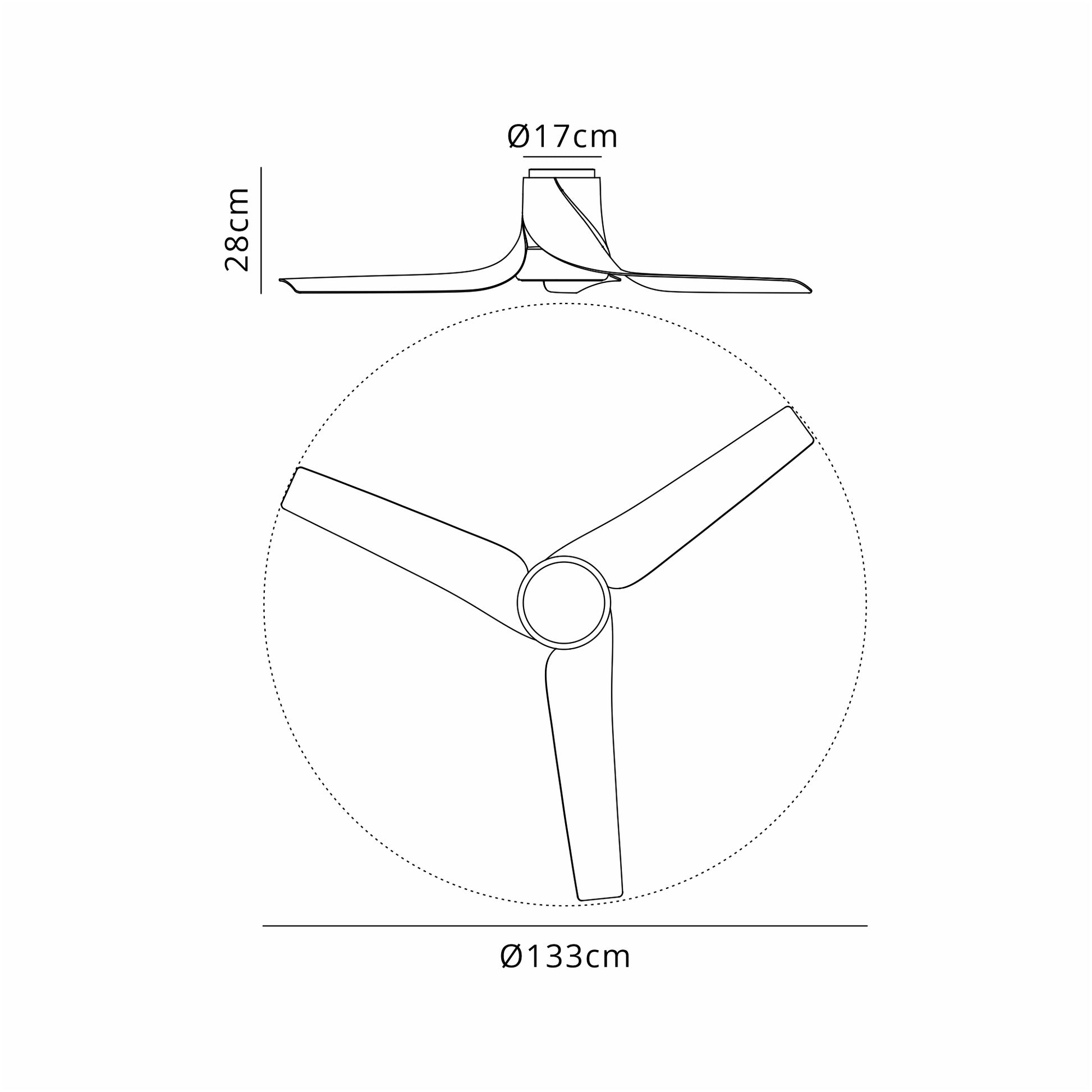 A diagram of the Ceiling Fans UK Ushuaia White Ceiling Fan with three blades, labels showing its dimensions and built-in fan. The top view displays the 17 cm motor diameter, while the side view shows a total height of 28 cm. The bottom view reveals a blade span of 133 cm. This model is equipped with a 30W dimmable LED ceiling light and offers both remote and APP control.