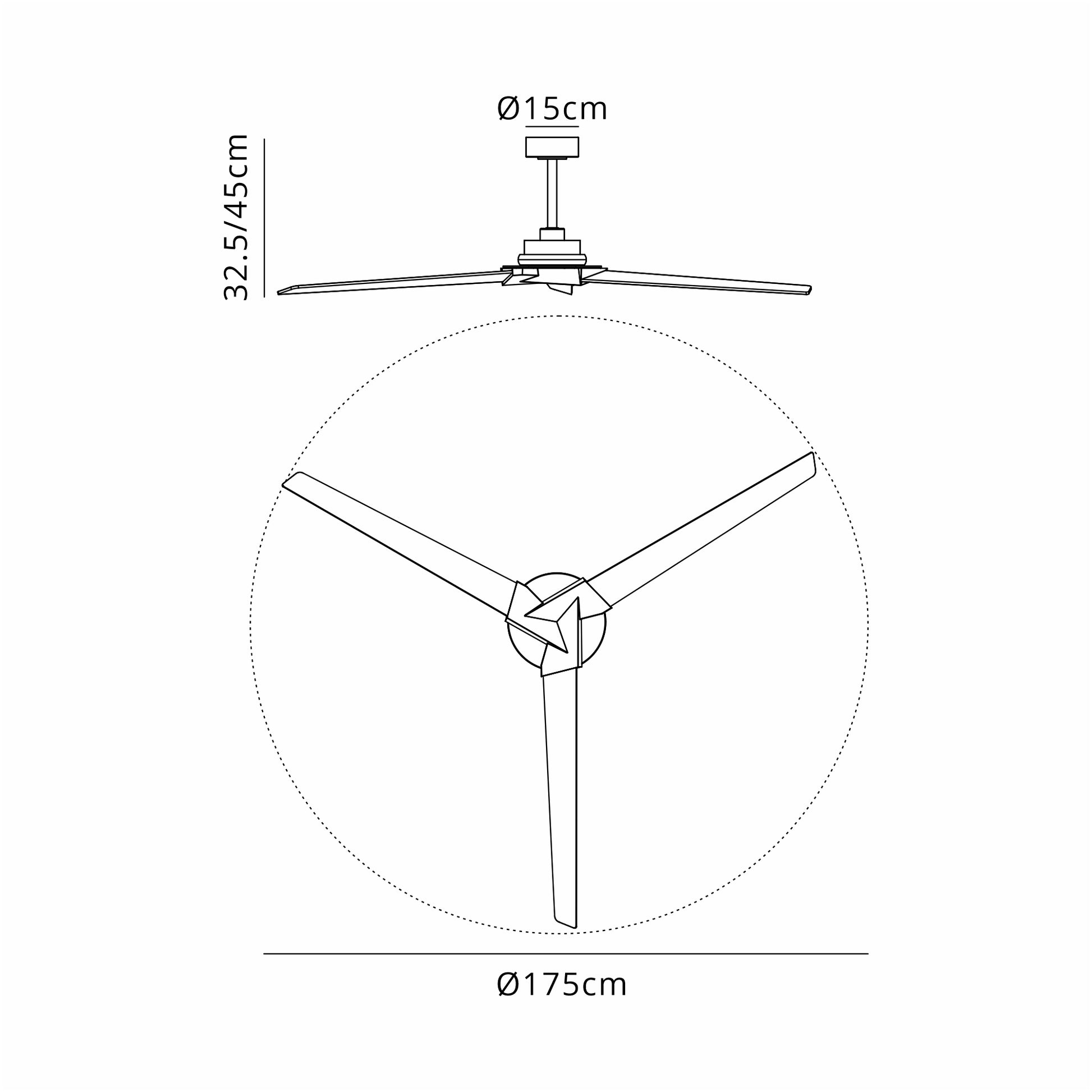 Diagram of the Brisa White Ceiling Fan by Ceiling Fans UK. The top view displays a circle with three blades and a diameter of 175 cm. The side view depicts a drop height adjustable between 32.5-45 cm, featuring a motor diameter of 15 cm. It carries an IP44 rating for protection against water splashes and solid objects, ensuring enhanced durability.