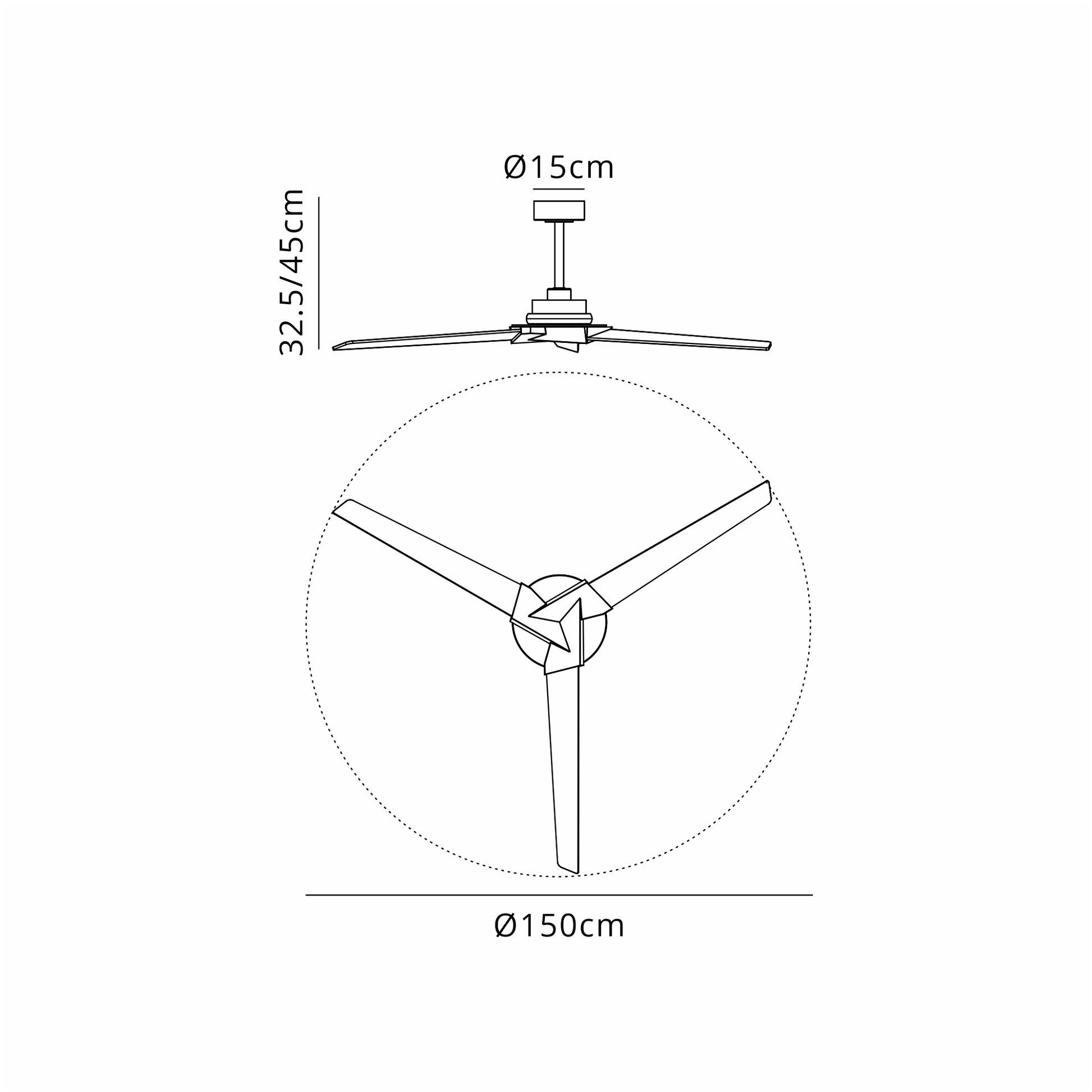 A technical drawing of the Brisa Black Mini Ceiling Fan with Light by Ceiling Fans UK, viewed from the side and below. It shows the fan with a diameter of 150 cm and a motor housing of 15 cm. The drop height from the ceiling to the blades is adjustable between 32.5 cm and 45 cm. It includes dimmable light, remote, and app control features.