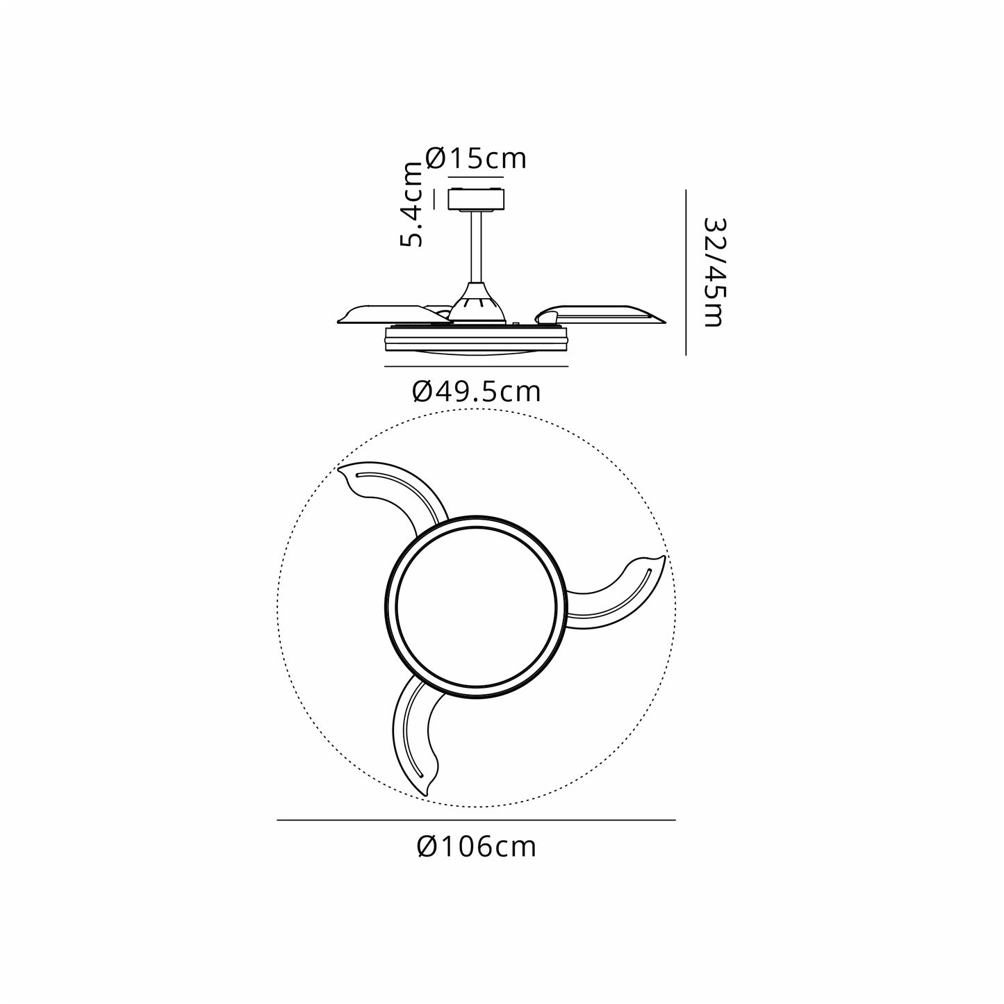 A technical drawing of the Rafaga 50W LED Dimmable Black/RGB Ceiling Light with dimensions, featuring a built-in 30W DC reversible fan. The ceiling light offers remote control functionality ranging from 3000K to 6500K and produces up to 3200 lumens. The diameter of the fan is 106 cm, with a blade spacing of 49.5 cm. It comes in two height options: either 32 cm or 45 cm, and has a mounting width of 15 cm. This product is branded by Ceiling Fans UK and includes a five-year warranty for added convenience.