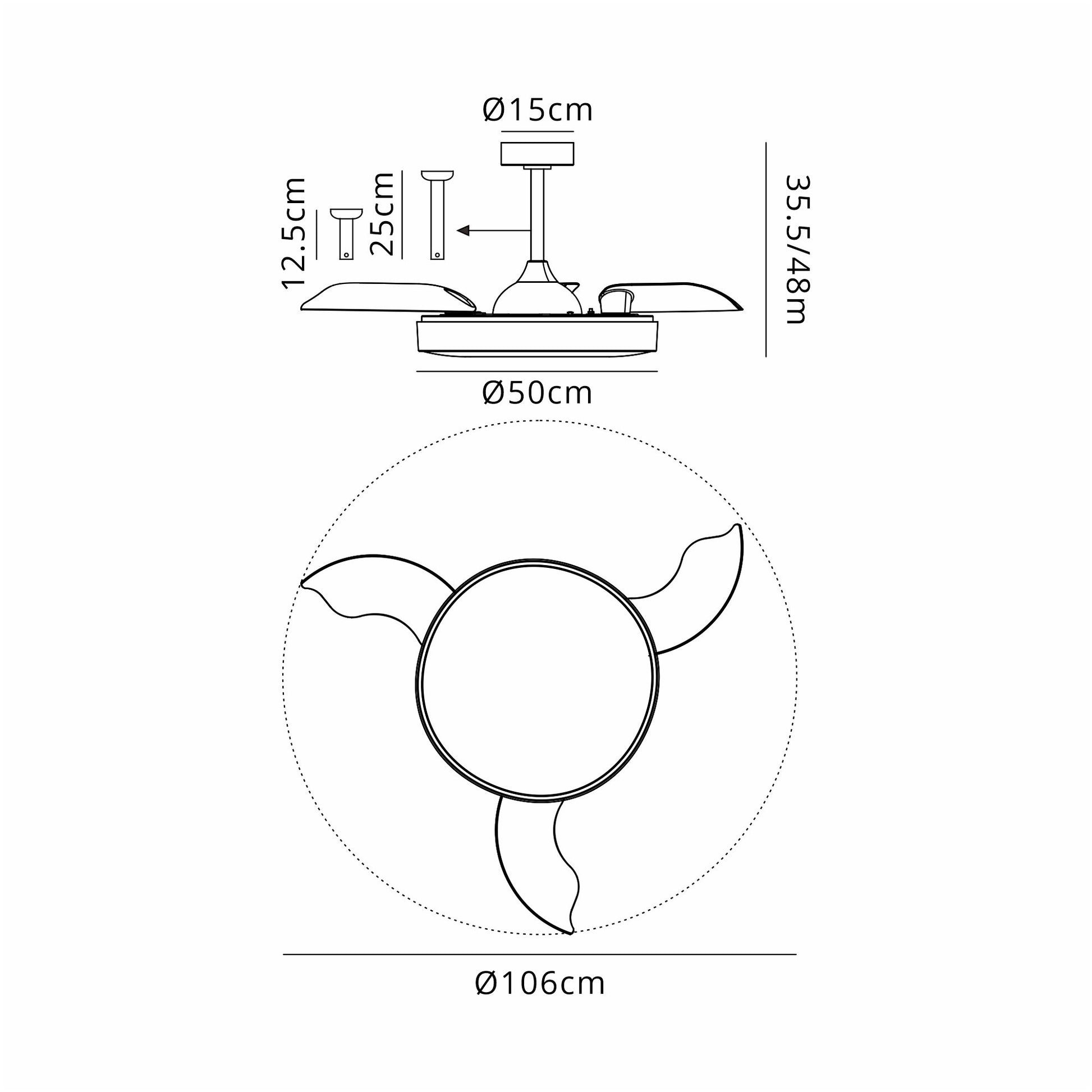A technical illustration of the Ceiling Fans UK Alaska Black Ceiling Fan with Light, featuring dimensions. The fan has a central hub measuring 15 cm in diameter and includes three blades, each contributing to a total fan diameter of 106 cm. The vertical distance from the ceiling to the bottom of the fan ranges from 35.5 to 48 cm.
