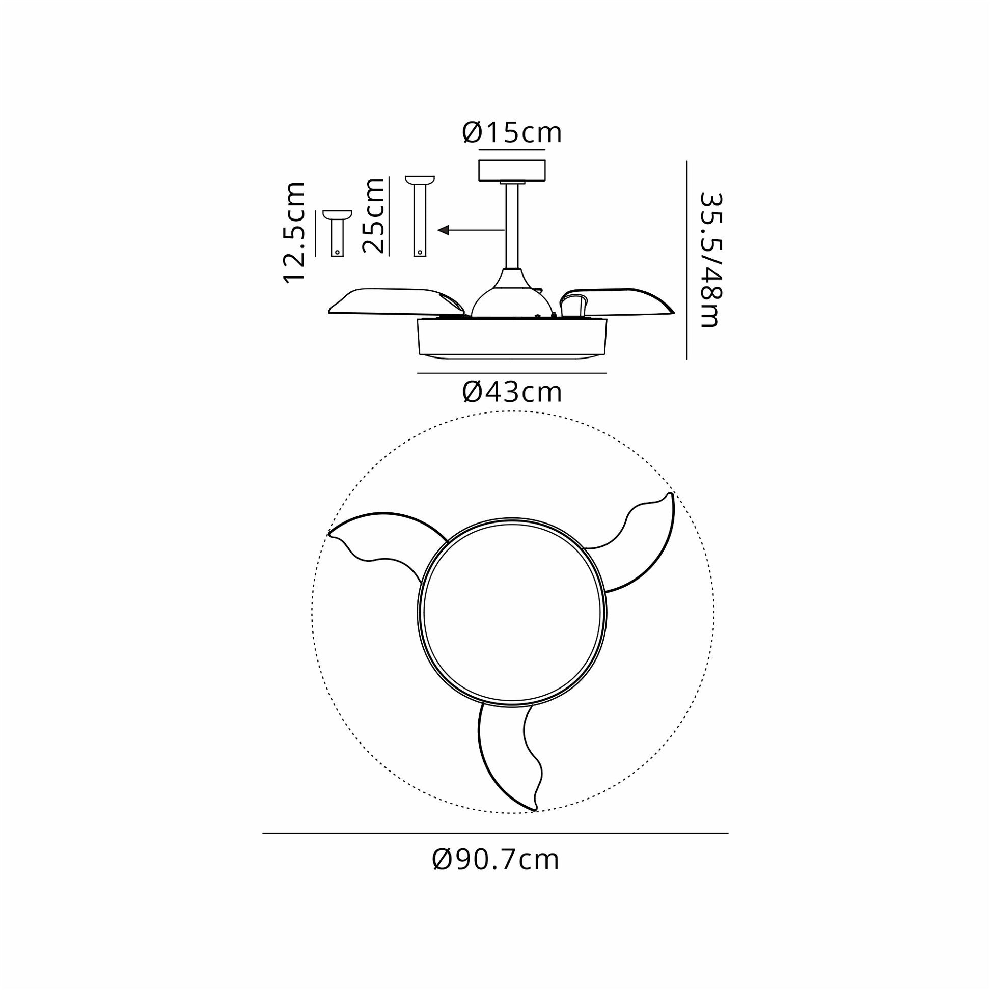 A technical drawing of the Ceiling Fans UK Alaska Mini White Ceiling Fan with a 45W LED dimmable ceiling light and a built-in 25W DC fan. The fan features three blades that measure 43 cm in diameter when retracted and extend to 90.7 cm. It comes with a mount diameter of 15 cm and adjustable height ranging from 12.5 to 48 cm. For convenience, it includes Remote & APP Control and is backed by a 5-year warranty.