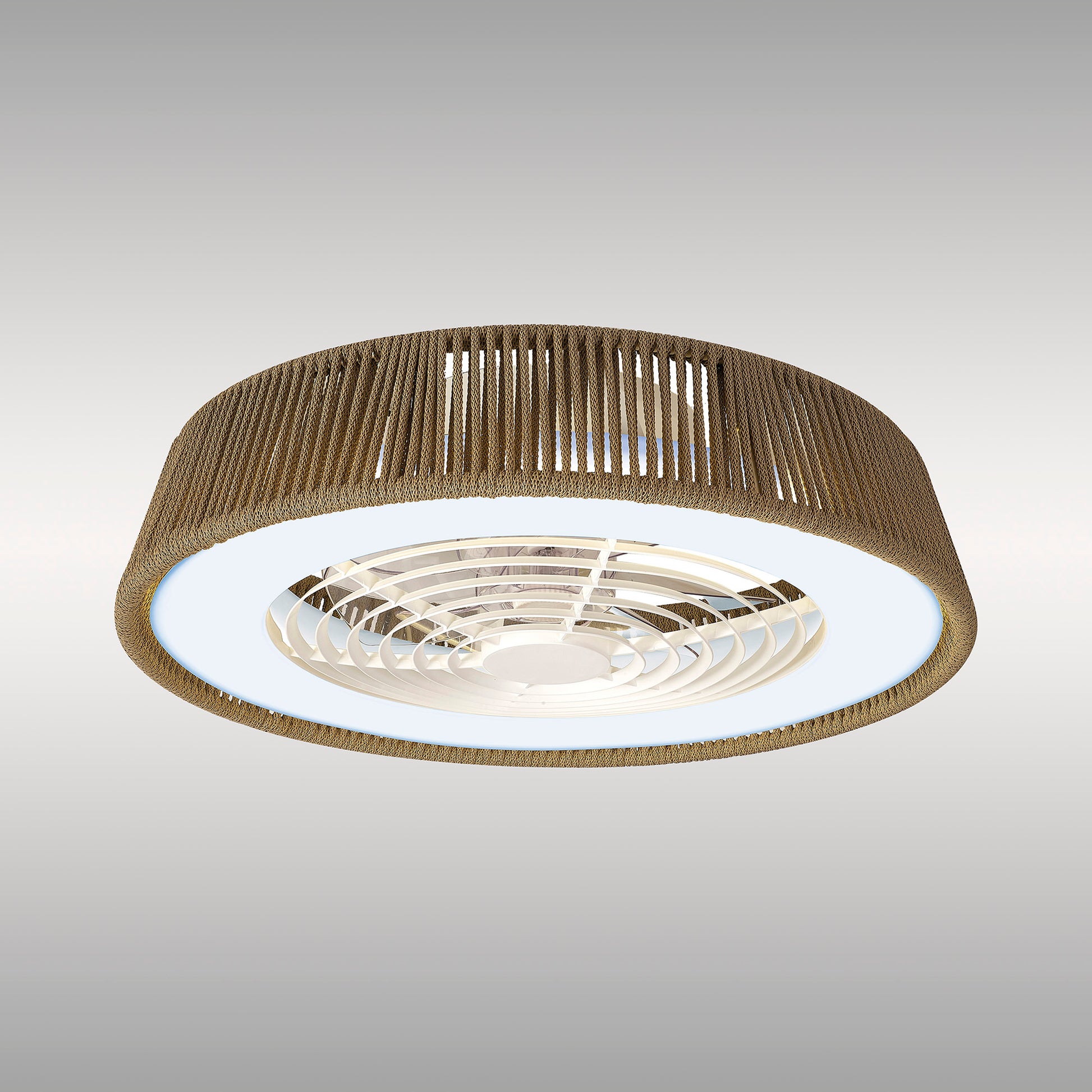 The Polinesia Nautic Beige Oscua by Ceiling Fans UK is a contemporary ceiling fan and light fixture featuring a circular design with a woven, textured beige exterior. It includes an LED dimmable feature for customizable lighting and evenly spaced openings around the glossy white center for a sleek look.
