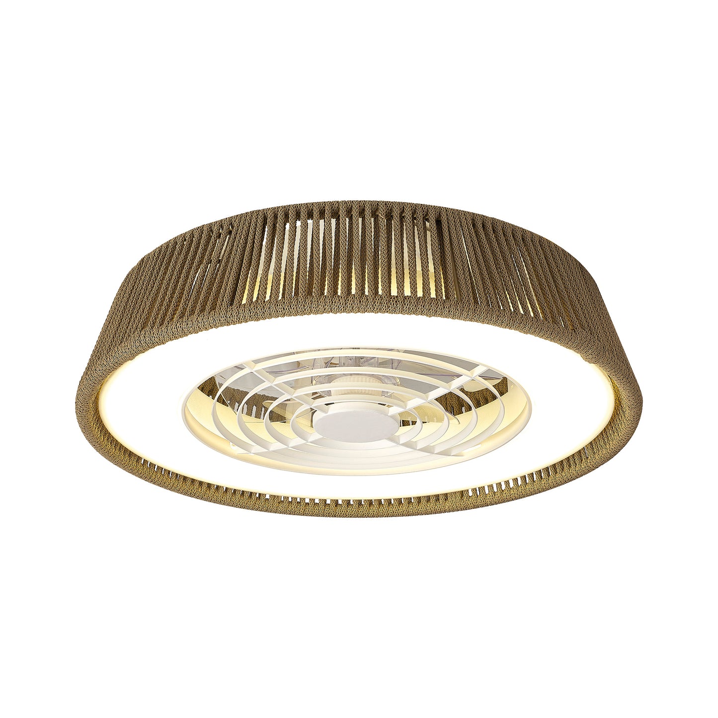 The Polinesia Nautic Beige Oscua by Ceiling Fans UK is a modern ceiling fan and light fixture with a circular design, featuring an outer ring with a woven texture in brown. It incorporates LED dimmable lighting from the white inner circle and boasts a central metallic section with concentric circular patterns, making it an exquisite focal point for any room. This product includes a built-in 35W DC fan and offers 4200lm brightness, backed by a 5-year warranty.