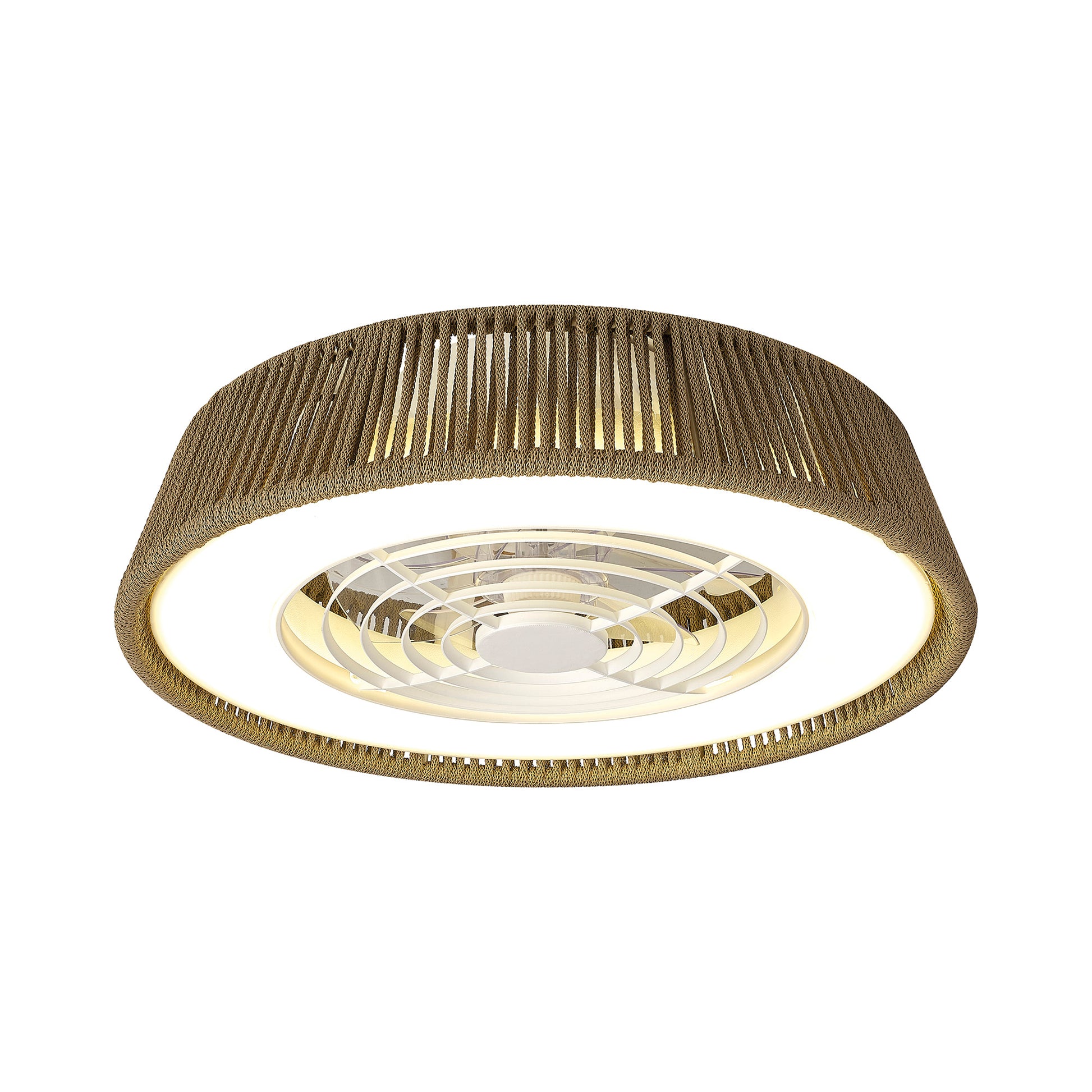 The Polinesia Nautic Beige Oscua by Ceiling Fans UK is a modern ceiling fan and light fixture with a circular design, featuring an outer ring with a woven texture in brown. It incorporates LED dimmable lighting from the white inner circle and boasts a central metallic section with concentric circular patterns, making it an exquisite focal point for any room. This product includes a built-in 35W DC fan and offers 4200lm brightness, backed by a 5-year warranty.