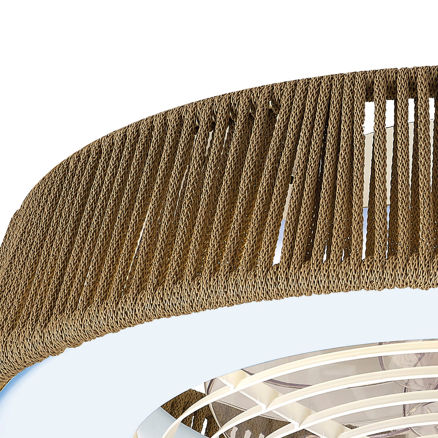 Close-up of the Polinesia Nautic Beige Oscua by Ceiling Fans UK, showcasing its modern woven rope lampshade design in a circular pattern. The texture of the twine contrasts beautifully with its smooth, reflective interior, enhanced by dimmable 70W LED lights for customizable ambiance, integrated with a 35W DC fan.