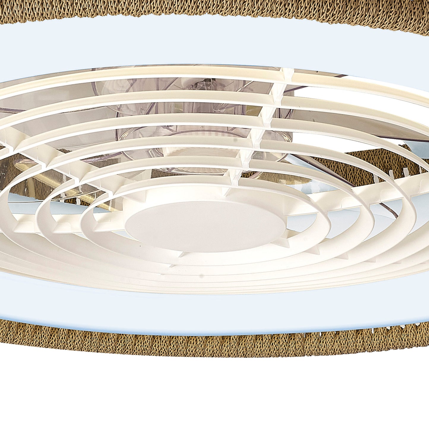 A close-up of the Polinesia Nautic Beige Oscua, a modern ceiling fan from Ceiling Fans UK, showcases its unique circular design with overlapping beige blades encased in a reflective frame with a textured outer edge. Set against a light blue background, this reversible fan features dimmable 70W LED lighting and a built-in 35W DC motor, offering both style and functionality with an impressive 4200 lumens output and backed by a 5-year warranty.