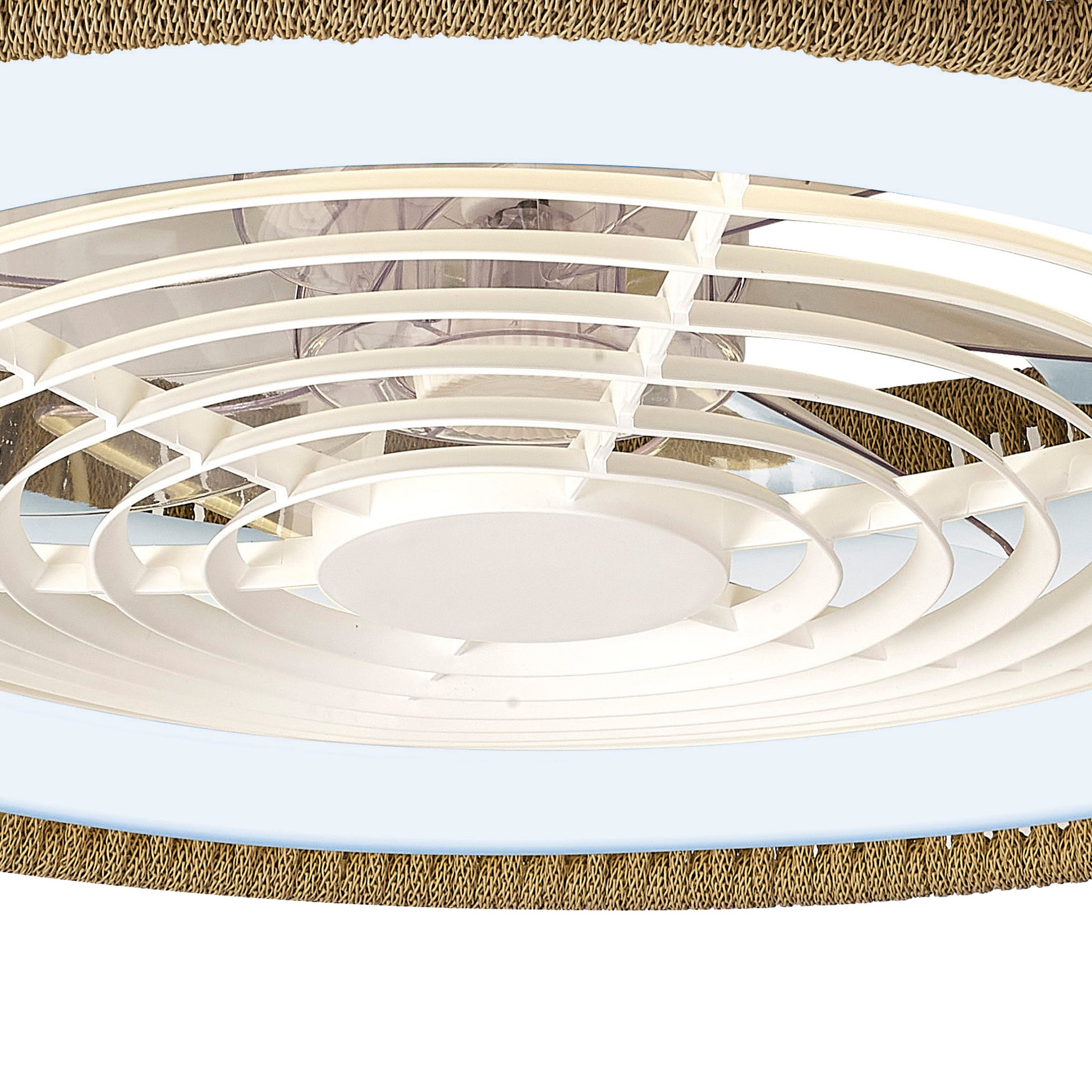 A close-up of the Polinesia Nautic Beige Oscua, a modern ceiling fan from Ceiling Fans UK, showcases its unique circular design with overlapping beige blades encased in a reflective frame with a textured outer edge. Set against a light blue background, this reversible fan features dimmable 70W LED lighting and a built-in 35W DC motor, offering both style and functionality with an impressive 4200 lumens output and backed by a 5-year warranty.