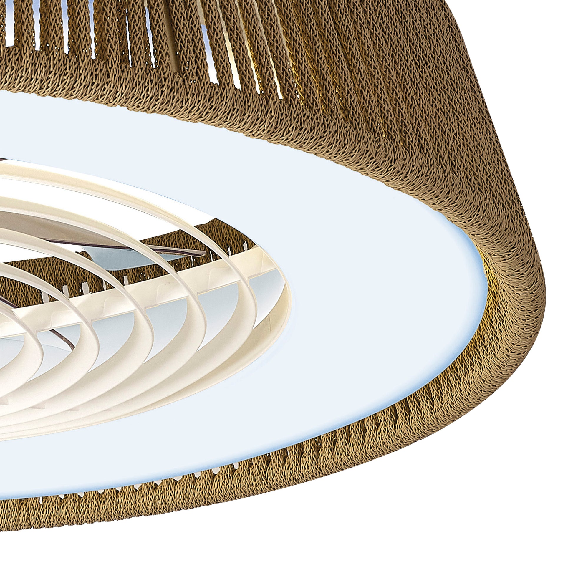 A close-up view showcases the Polinesia Nautic Beige Oscua, a modern ceiling fan with light by Ceiling Fans UK, featuring a stylish circular design. Much like an LED dimmable model, it incorporates a textured beige oscu outer ring and an array of white concentric circles in its light fixture for a sleek appearance.