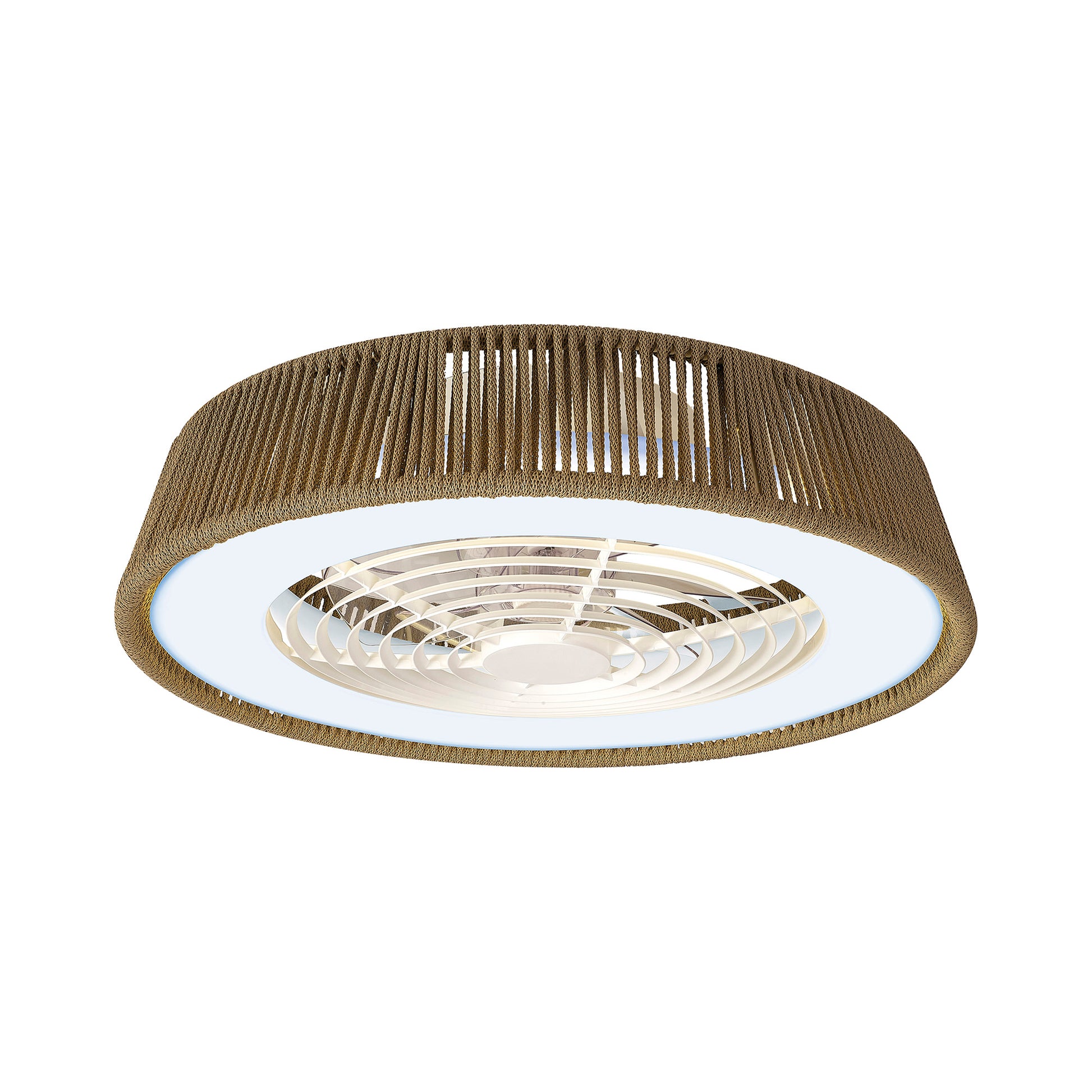 Introducing the Polinesia Nautic Beige Oscua from Ceiling Fans UK, a ceiling fan with integrated lighting. This 64.5cm fixture features a wooden outer rim complemented by a central frosted glass disc. It includes a 70W LED dimmable light, providing enhanced illumination with vertical slits for added texture. Additionally, it boasts a built-in 35W DC fan and offers an impressive brightness of 4200 lumens, backed by a 5-year warranty.