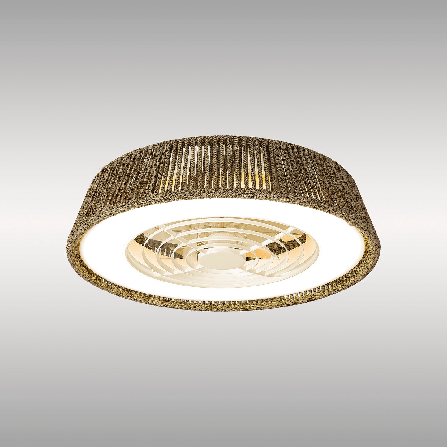 The Polinesia Nautica Mini 57.5cm 55W LED Dimmable Ceiling Light with Built-In 25W DC Reversible Fan by Ceiling Fans UK features a gold-toned metal frame and an intricately designed interior with concentric rings. Its outer surface boasts a textured, slatted appearance, while the inner dimmable LED lights emit a warm glow of 3800 lumens. Set against a gradient grey background, this beige ceiling light exudes elegant charm and comes with a 5-year warranty.