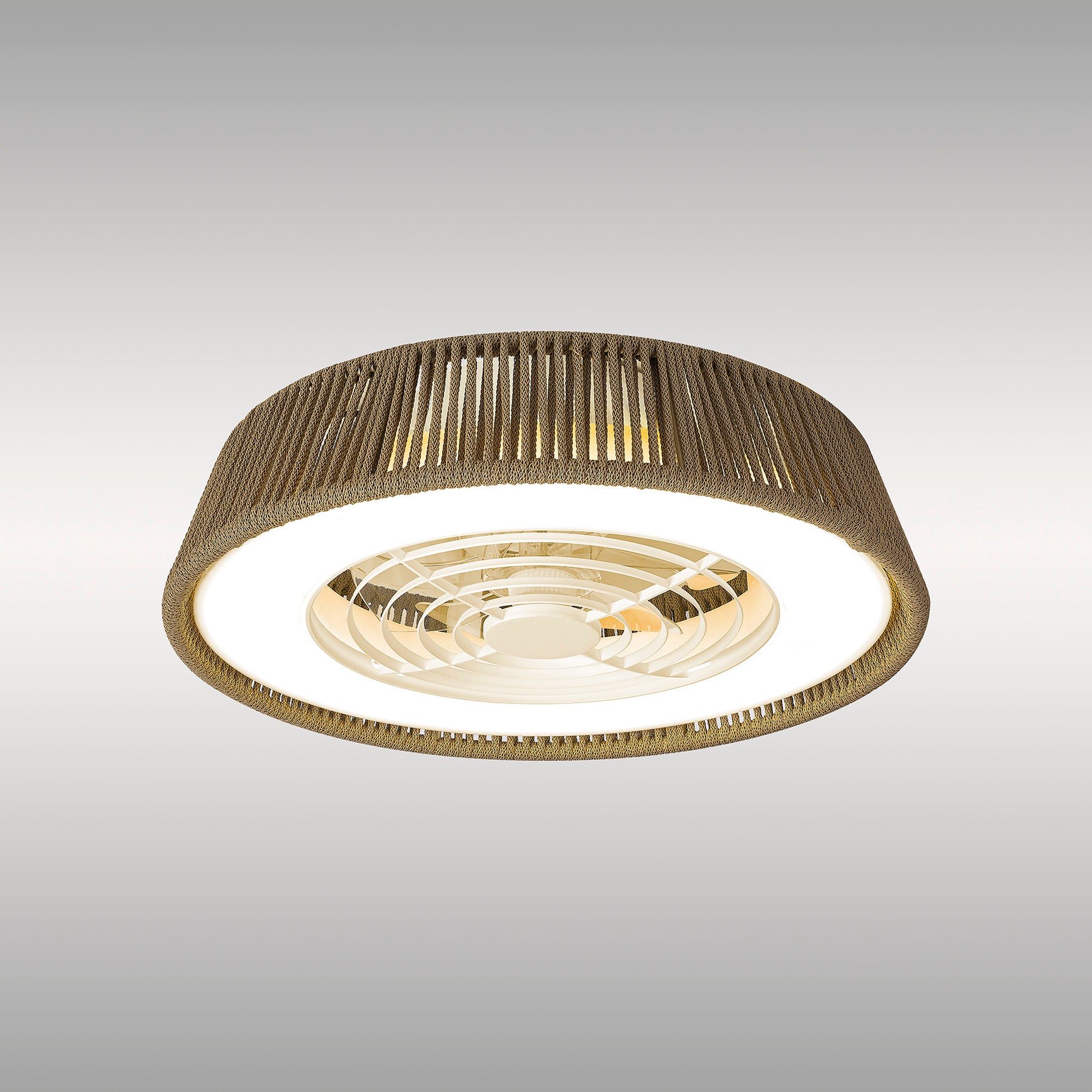 The Polinesia Nautica Mini 57.5cm 55W LED Dimmable Ceiling Light with Built-In 25W DC Reversible Fan by Ceiling Fans UK features a gold-toned metal frame and an intricately designed interior with concentric rings. Its outer surface boasts a textured, slatted appearance, while the inner dimmable LED lights emit a warm glow of 3800 lumens. Set against a gradient grey background, this beige ceiling light exudes elegant charm and comes with a 5-year warranty.